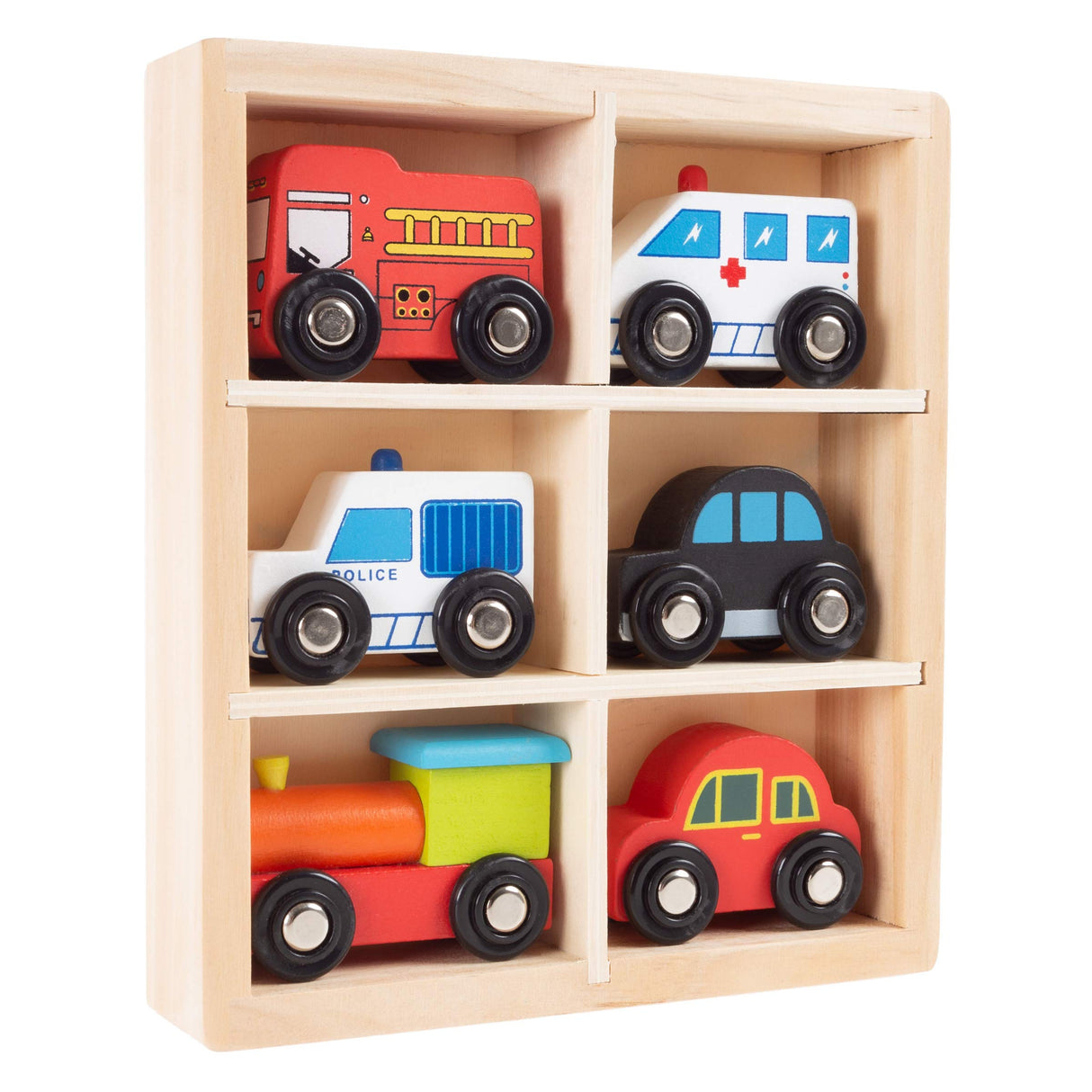 Hey! Play! Wooden Car PlaySet-6-Piece Mini Toy Vehicle Set with Cars, Police and Fire Trucks, Train-Pretend Play Fun for Preschool Boys and Girls Hey! Play!
