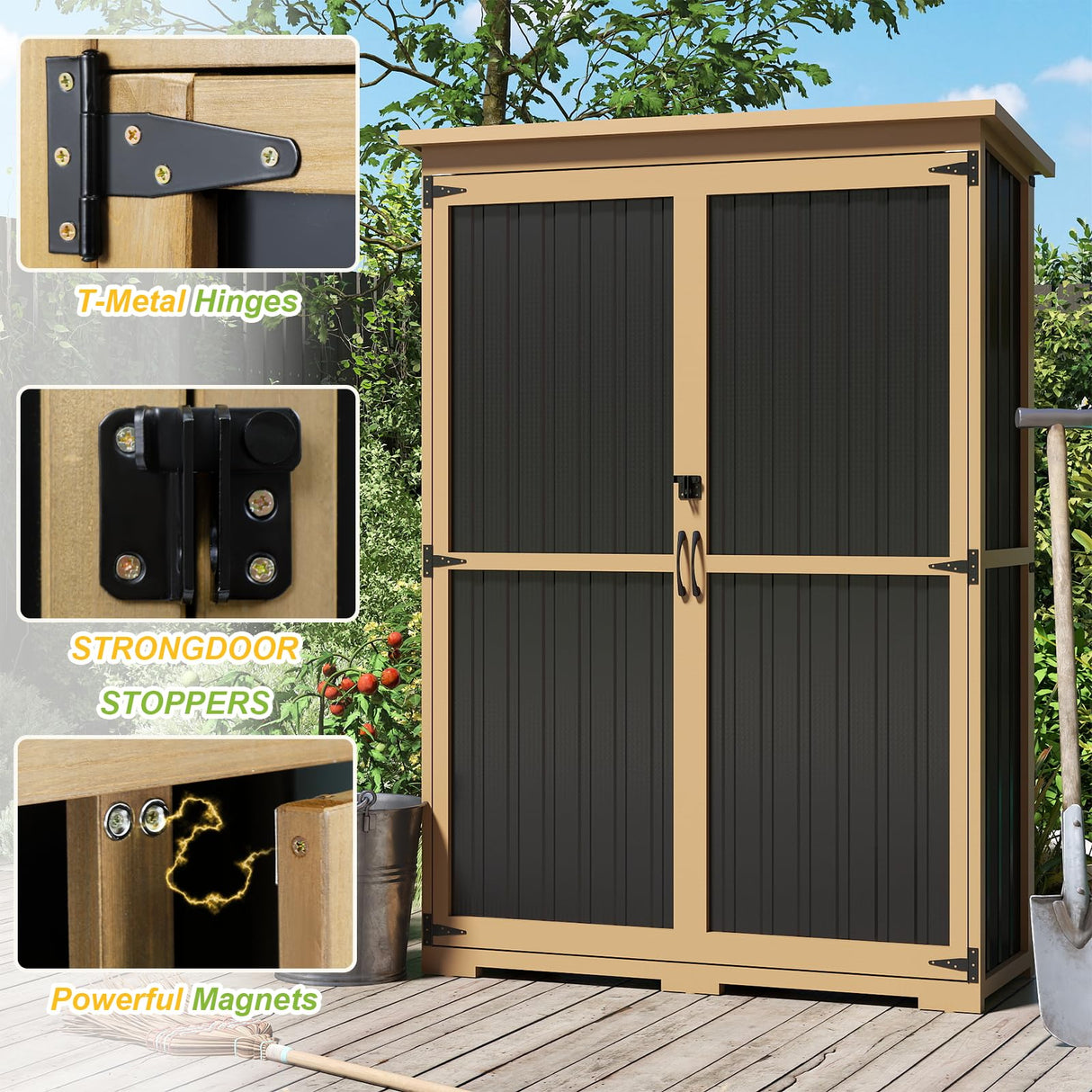 Outdoor Storage Shed with Shelf,Wood & Metal Storage Cabinet with Lockable Doors & Sloping Roof,Vertical Garden Shed for Patio Backyard,Tool Shed and Accessories, Brown Magazoopet