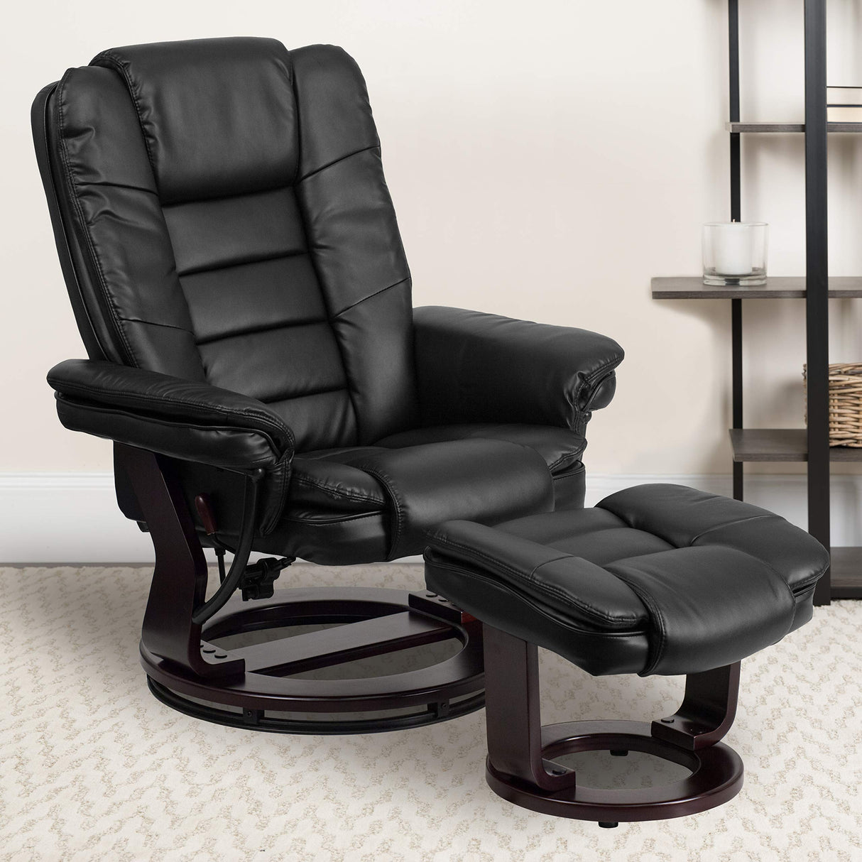 Flash Furniture Bali Contemporary Multi-Position LeatherSoft Recliner Chair with Ottoman, 360-Degree Swivel Recliner Chair and Ottoman Set, Black Flash Furniture