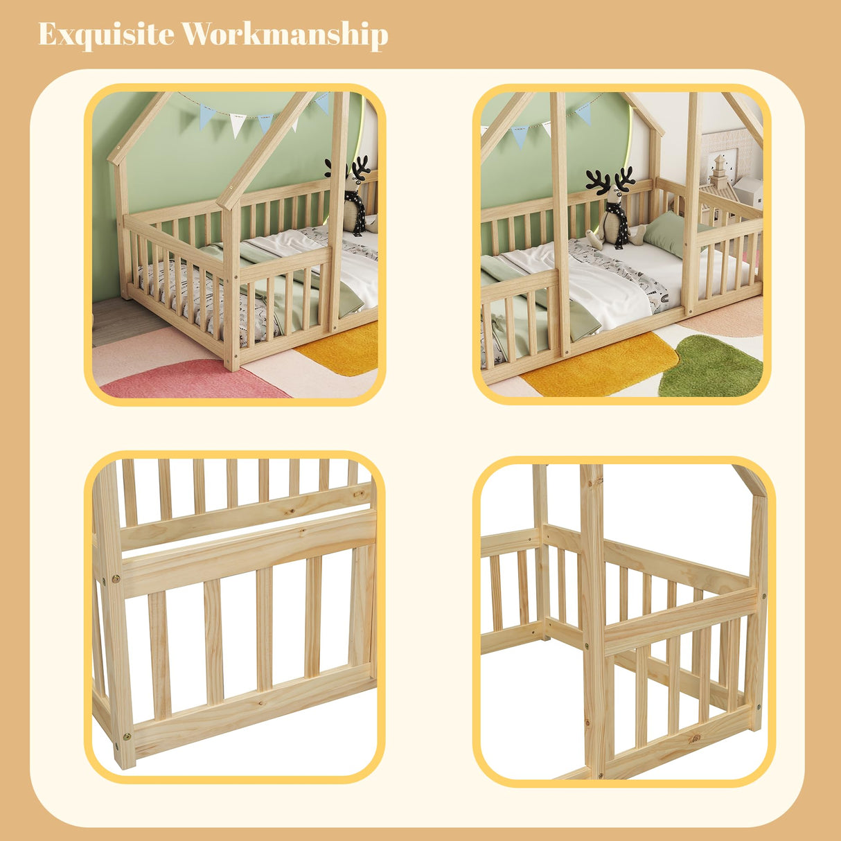 Luckiofvonne Twin Size Montessori House Bed with Fence Rails for Kids - Natural Wood Floor Bed Luckiofvonne