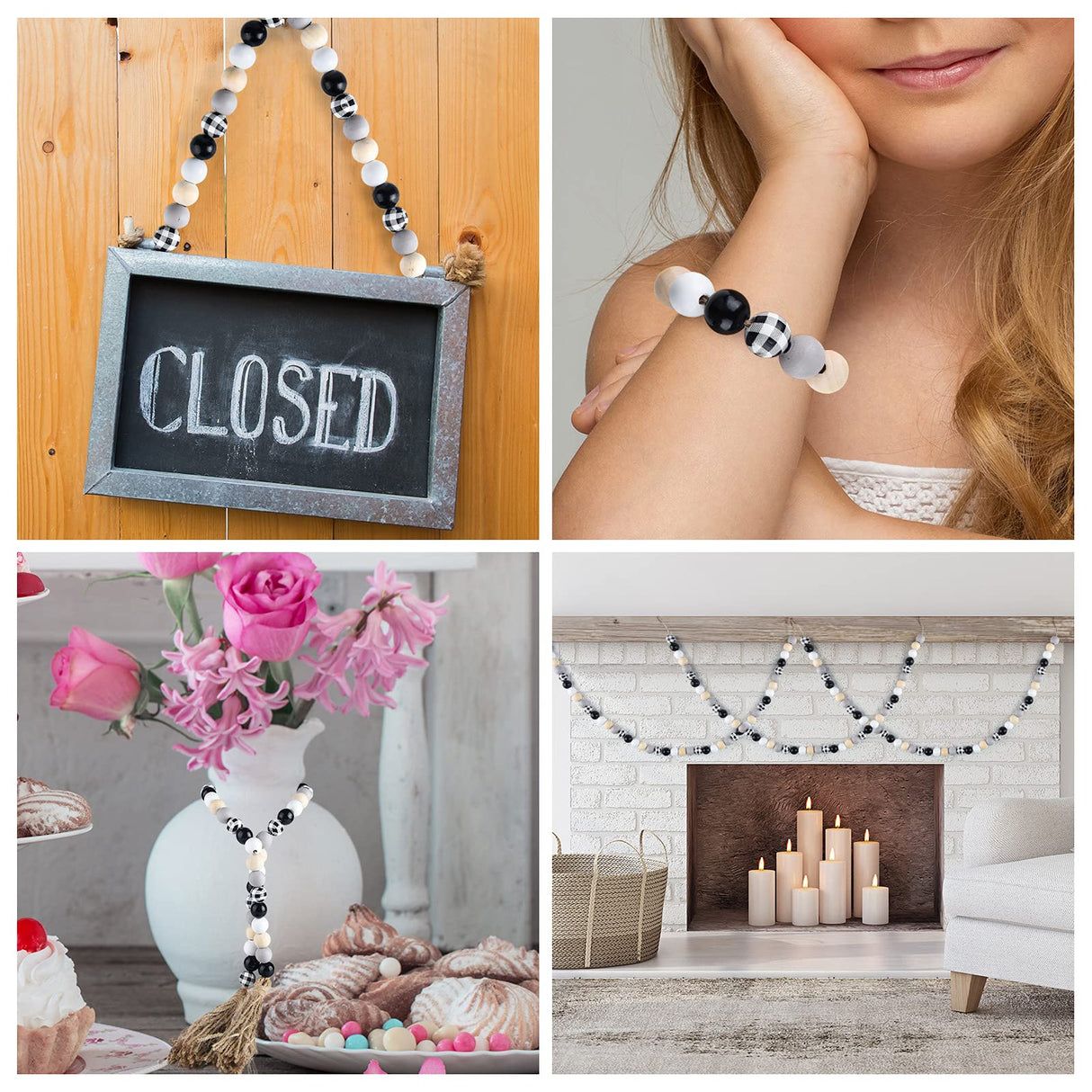 FEPITO 250 Pcs Plaid Wood Beads 16mm Farmhouse Checked Print Wood Beads Natural Buffalo Craft Wood Beads for Decoration Home Decor DIY Craft Supplies FEPITO