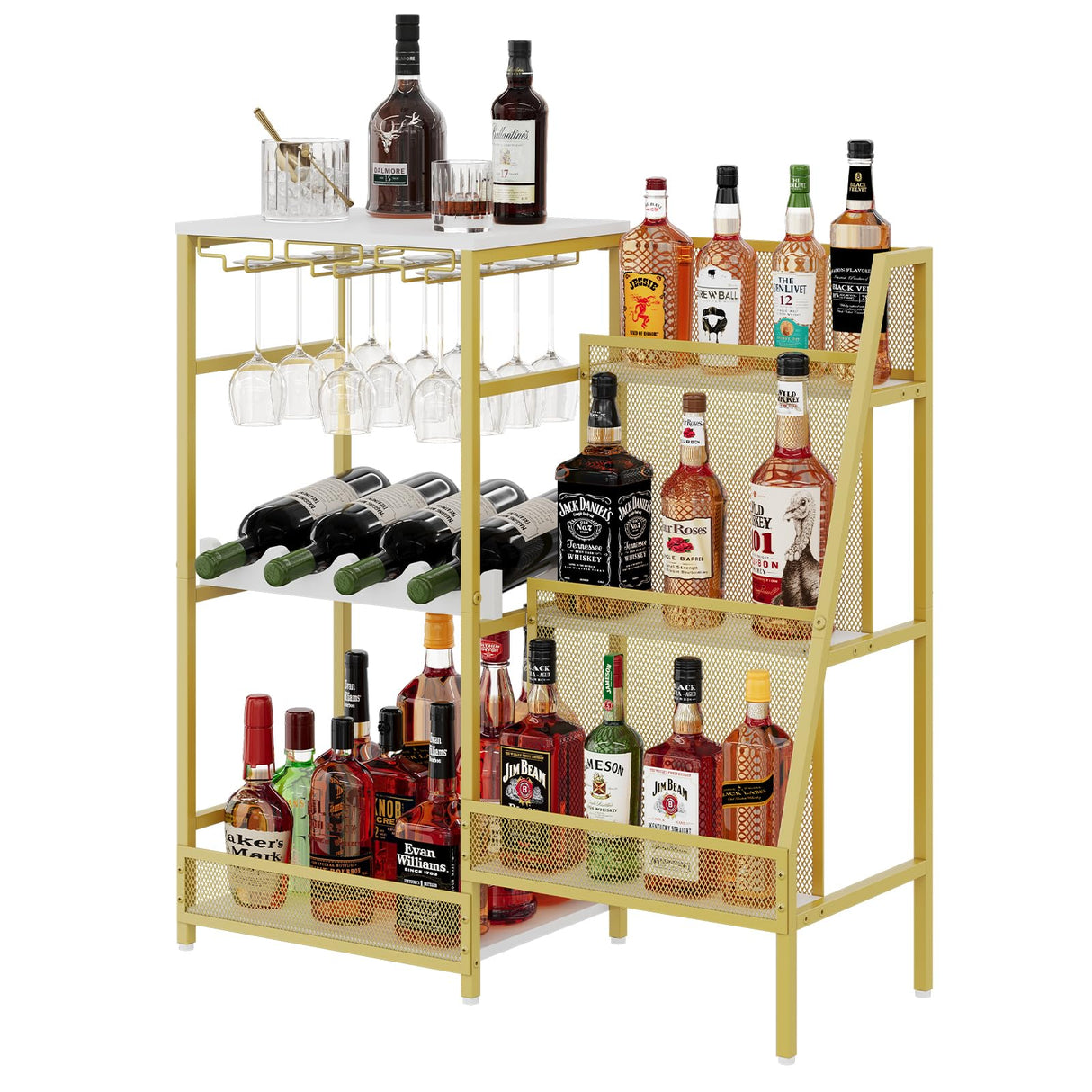 Gold Liquor Stand with Glass Holder, Multifunctional Wine Rack Freestanding Floor with Fences, Mini Bar Table for Liquor Whiskey Wine, 3-Tier Trapezoidal Liquor Cabinet for Home Bar (Patent Pending) Hayexiha
