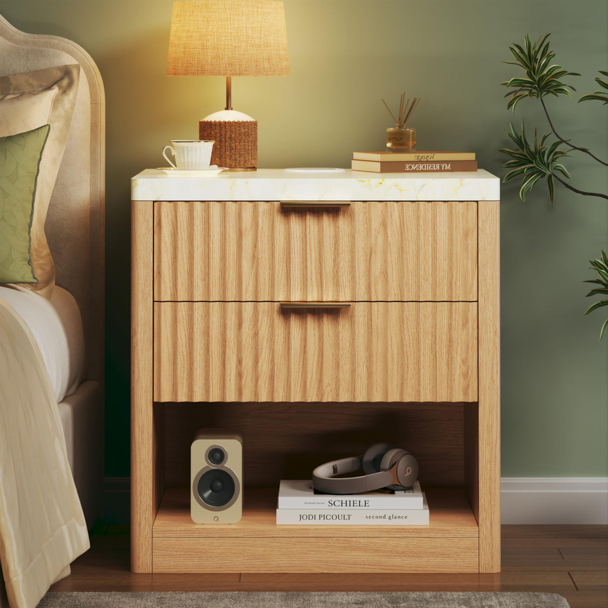 Fluted Nightstand with 2 Drawers, 24'' Night Stand with Wireless Charging Station, Mid Century Modern Side Table with Faux Marble Top, Large Wooden Bedside End Table for Bedroom, Oak HUAHUU