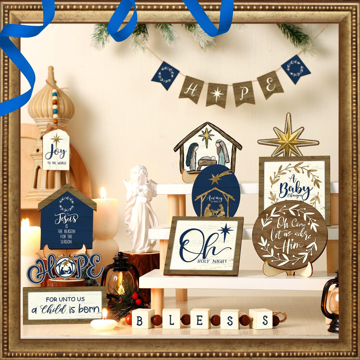 Bucherry 1 Sets Christmas Christian Tiered Tray Decor Christmas Jesus Theme Tray Decor Angel Jesus Star Wooden Decor Wood Angels Mangers Jesus' Birth Decor(Novel) Bucherry