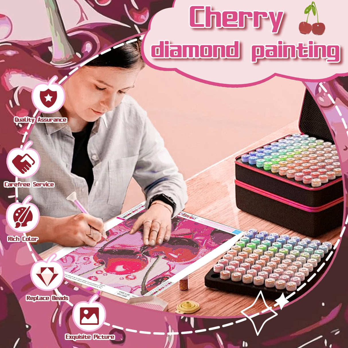 AIBOERL Cherry Diamond Art Kits for Adults,Cherry 5D Diamond Painting Kits for Adults Beginners,DIY Full Round Drill Diamond Dot Painting Gem Art Kits for Adult, Home Wall Decor 12x16Inch AIBOERL