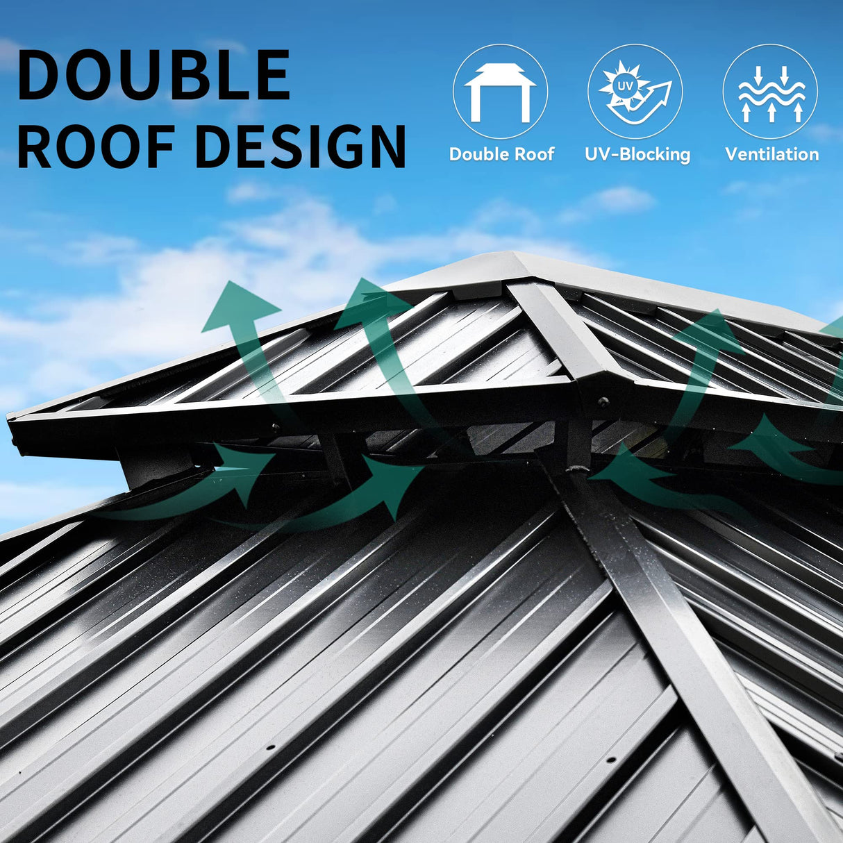 YITAHOME 10x12ft Gazebo Hardtop with Nettings and Curtains, Heavy Duty Double Roof Galvanized Steel Outdoor Combined of Vertical Stripes Roof for Patio, Backyard, Deck, Lawns, Gray YITAHOME