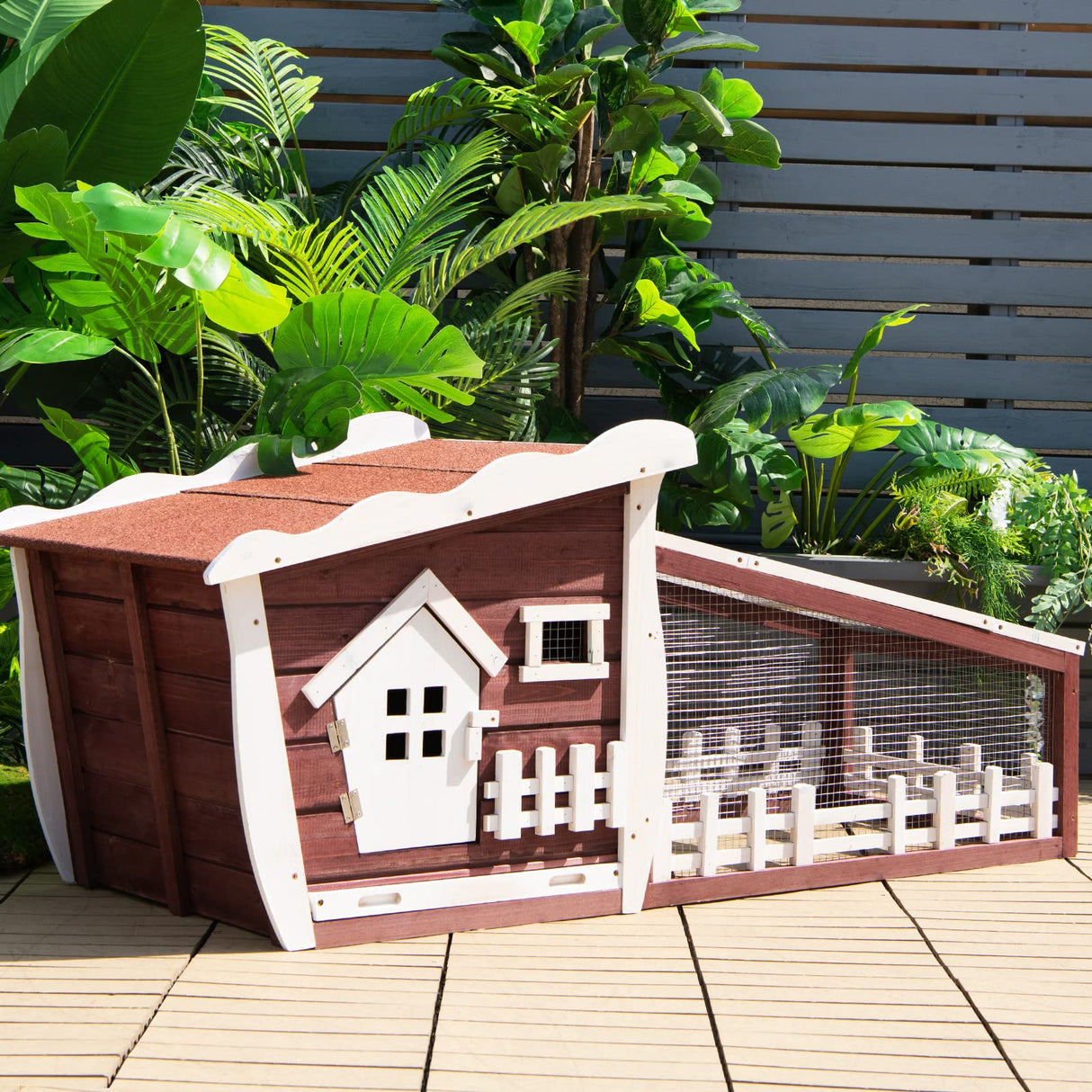 Tangkula 62 Inch Wooden Rabbit Hutch, Outdoor Chicken Coop with Asphalt Roof, Removable Tray, Running Ramp, Pet Bunny Cage House for Rabbits, Chicken and Small Animals, Indoor & Outdoor Use (Red) Tangkula