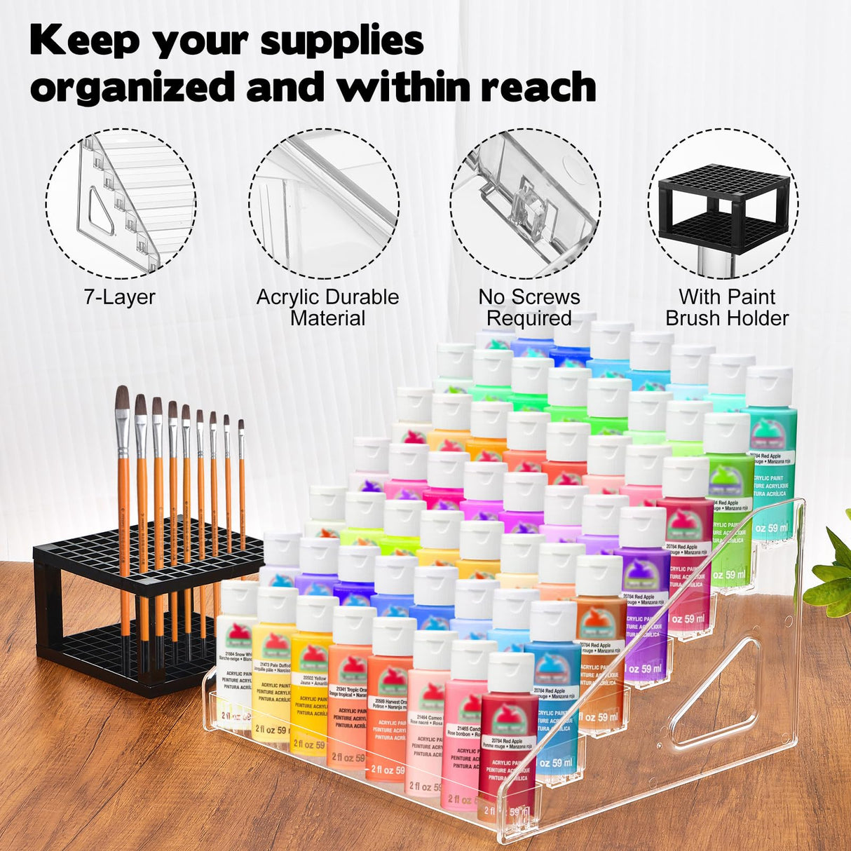 YEXEXINM 2 Pcs Clear Paint Organizer With Paint Brush Holder,7 Layers Acrylic Paint Organizer,Paint Storage Rack,Craft Paint Organizer Rack,Miniature Paint Holder for Paint Storage YEXEXINM
