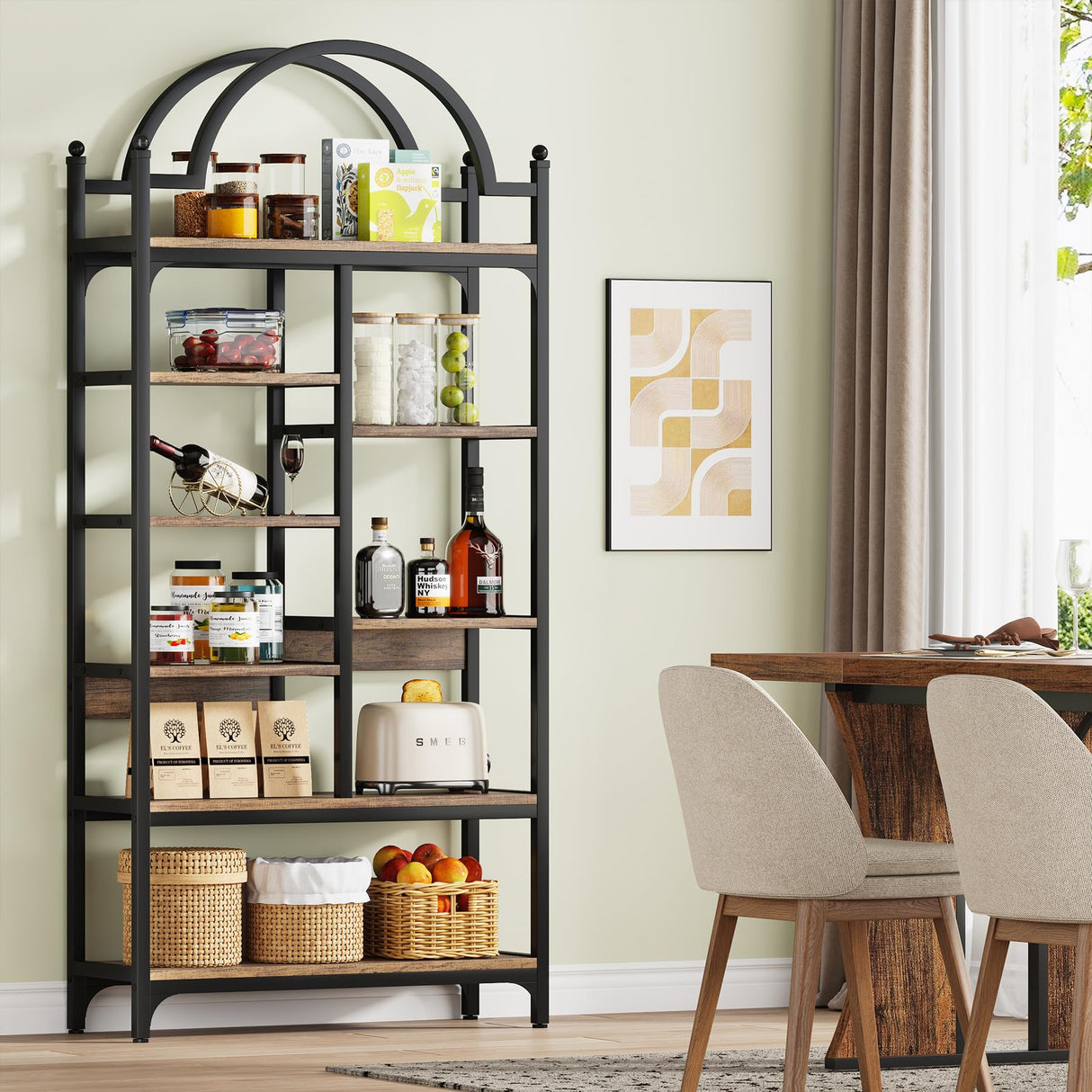 Condemo 71 inch Tall Bookshelf, 8-Tier Industrial Arched Etagere Bookcase, Open Display Storage Shelf for Living Room, Bedroom, Home Office, Rustic Brown Condemo