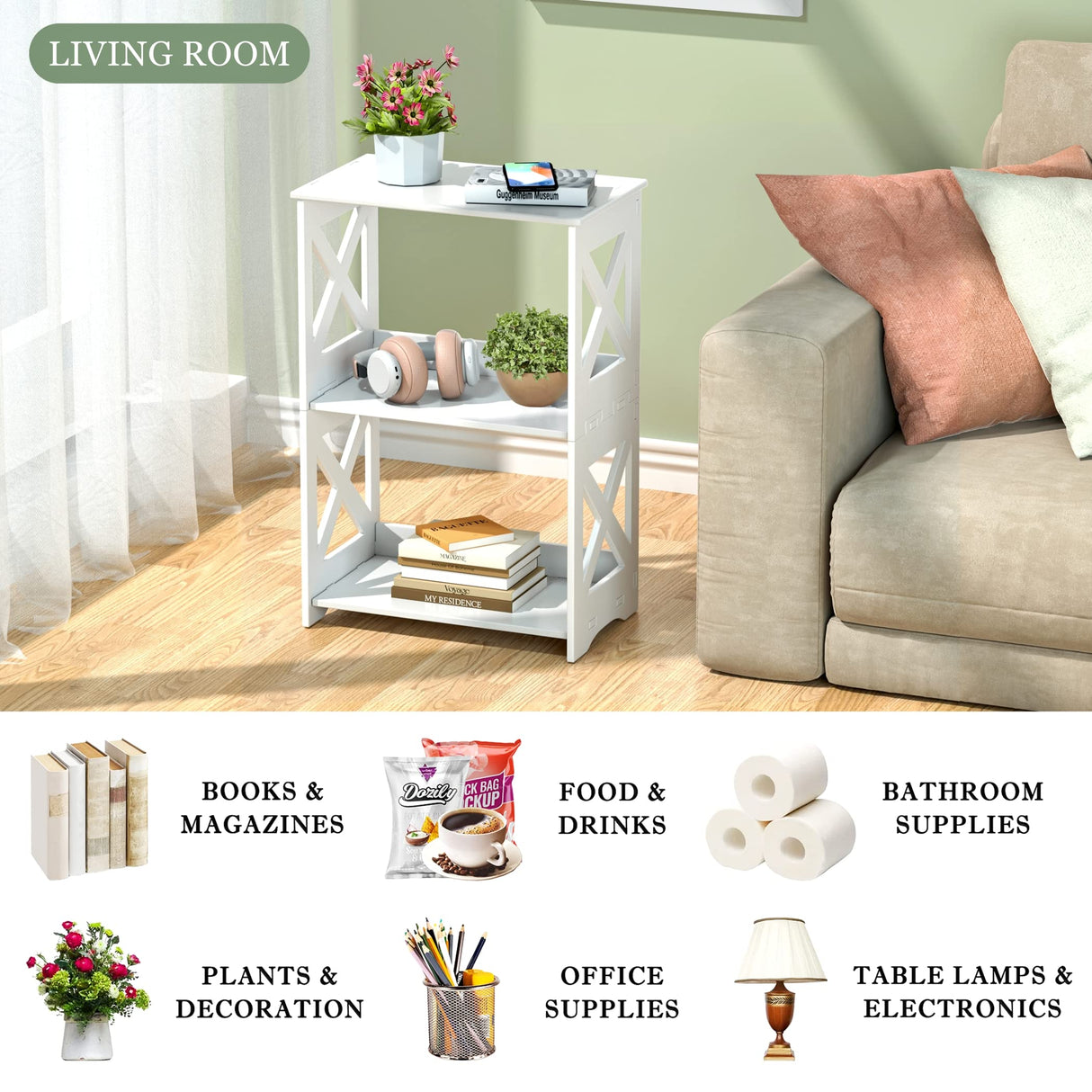 BYFU 3-Tier Side Table Set of 2, Narrow End Table with Storage Shelf, White Nightstand Bedside Table Small Bookshelf Bookcase Display Rack for Bedroom Bathroom Living Room Office BYFU