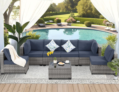 FHFO 7 Piece Outdoor Wicker Patio Furniture Set, Rattan Sectional Sofa Couch, Patio Conversation Set with Cushion & Coffee Table, for Backyard Poolside Porch Garden, Grey-Navy Blue