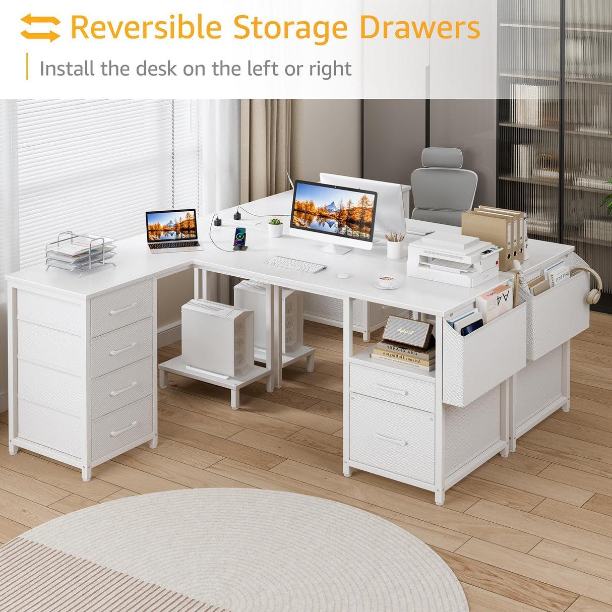 White L Shaped Desk with File Cabinet, 53 Inch Corner Office Desk with Storage Drawers Reversible, L-Shaped Computer Desks with Filling Drawer & Power Outlets for Home Office PC Work Study Wiriting DLisiting