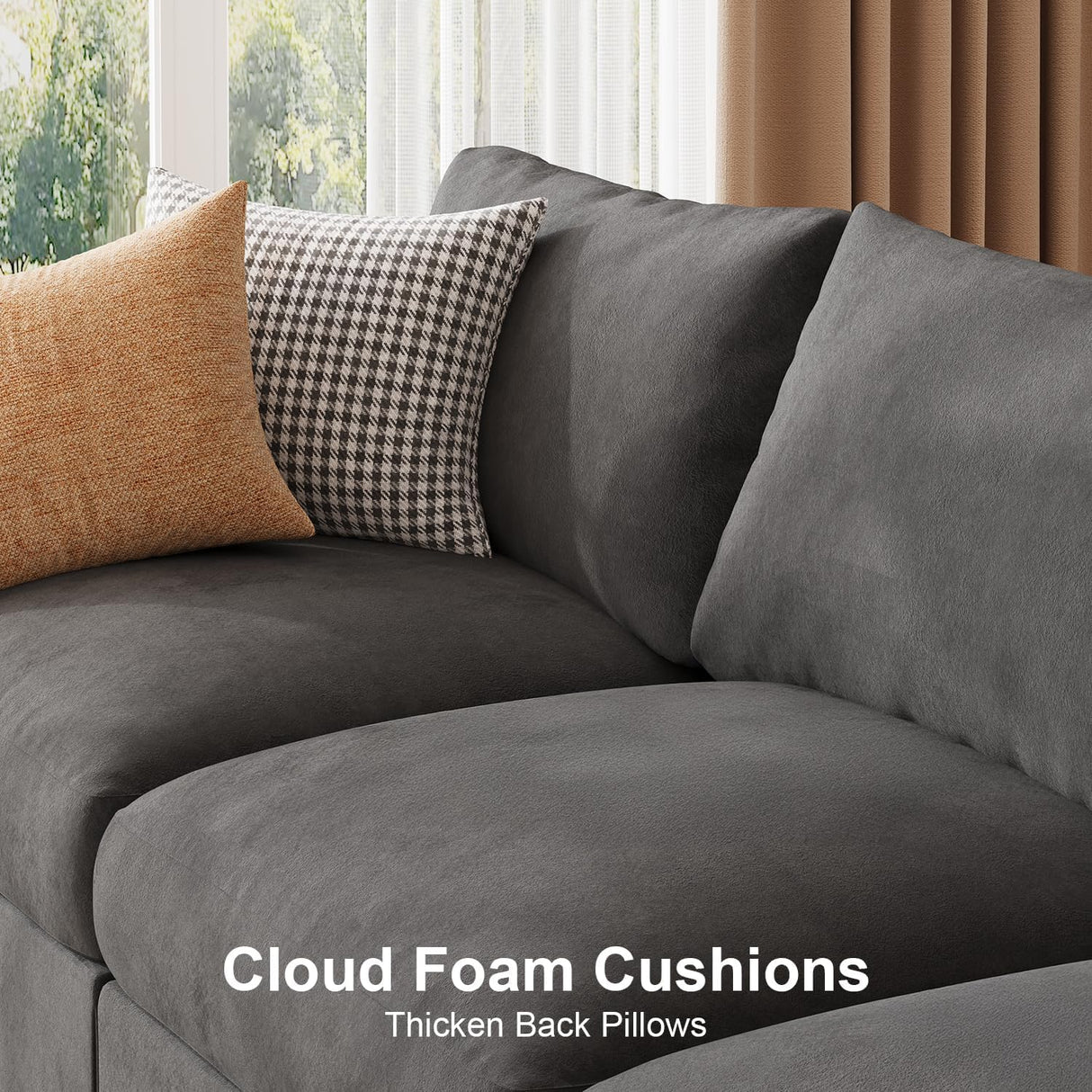 Sectional Couches for Living Room 116 Inch U Shaped Cloud Couch Modular Sofa Deep Seat 6-Seat Velvet Convertible Sleeper Sofa Chaise Padded Armrests Cup Holder (Grey, 110Inch-1) HOMYHOMEY