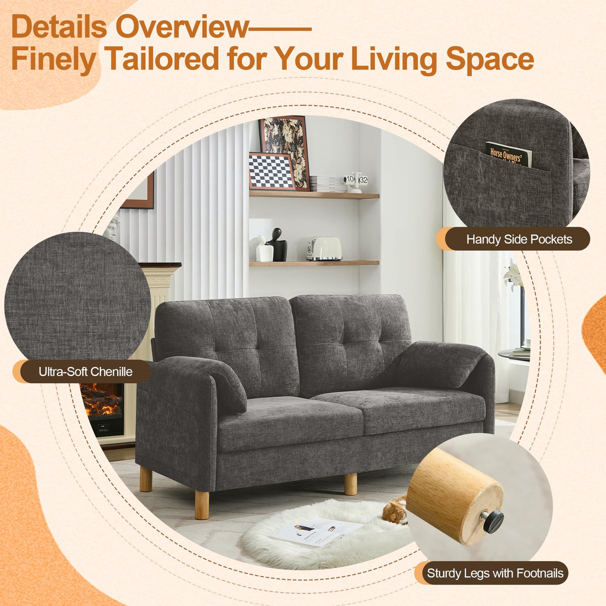 WUTUTUEE 65" Chenille Loveseat Sofa, Modern 2 Seater Love Seat Couch with Armrest Pillows & Pockets, Upholstered Tufted Loveseat Couches for Living Room Bedroom, Easy Assembly, Light Grey WUTUTUEE