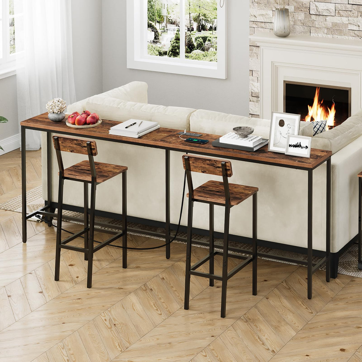 MAHANCRIS 78.7" Console Table with USB Ports, Sofa Table, Narrow Entryway Table with Outlets, 11.8" Wide Couch Table, Industrial Entry Table for Hallway, Living Room, Bedroom, Rustic Brown CTHR320E01 MAHANCRIS