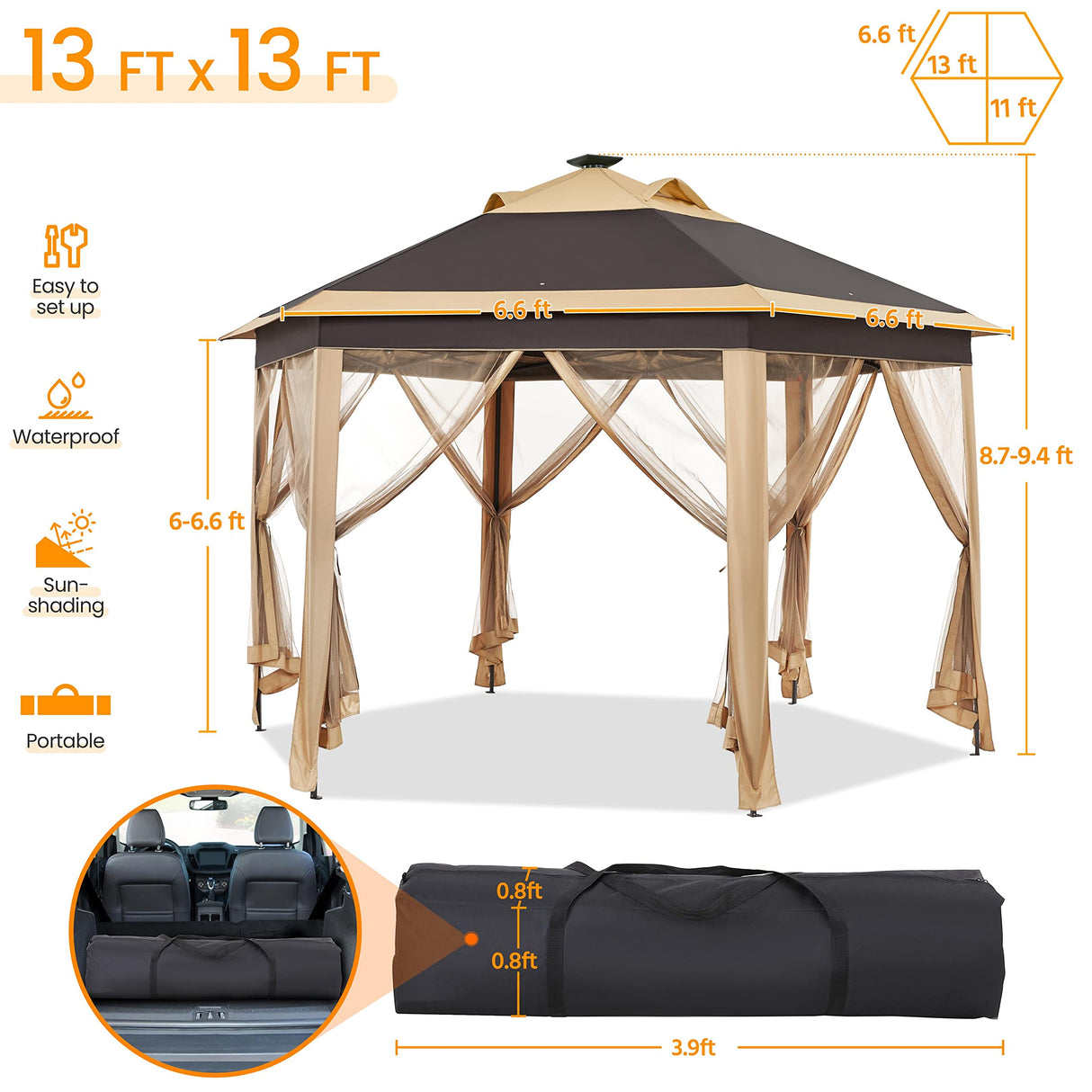 Yaheetech 13×13 Pop-Up Patio Gazebo Tent W/Mesh Netting Sides & 25 Solar LED Lights, Hexagonal Double Vented 3 Height Adjustable Gazebo with Storage Yaheetech