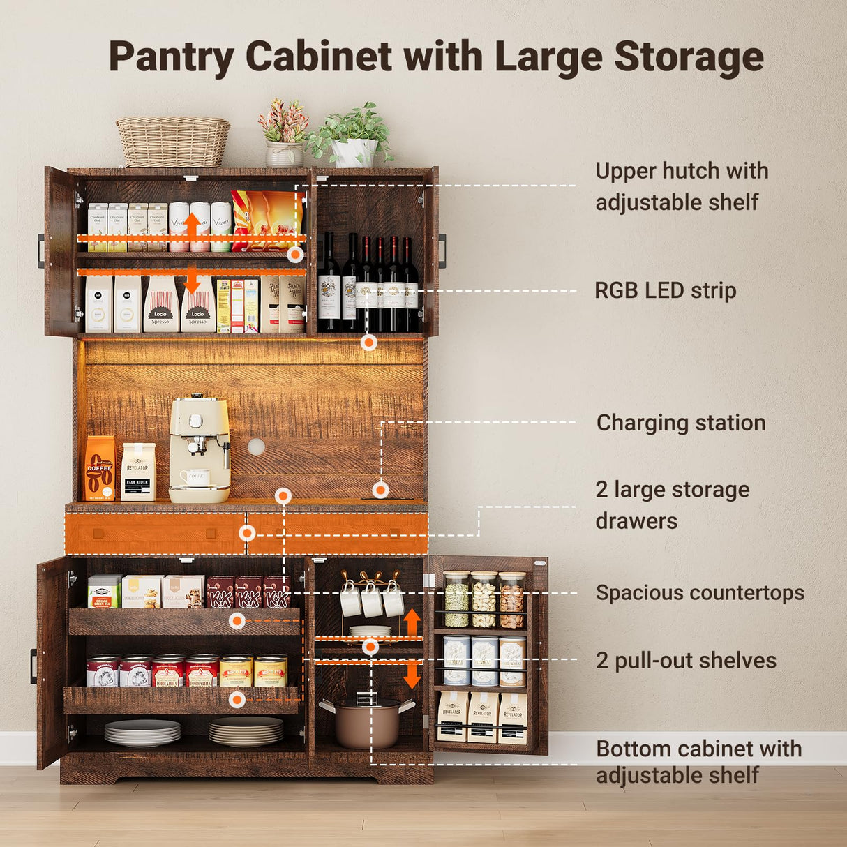 ELYKEN 71" Tall Ktchen Pantry Cabinet with Charging Station & LED Lights, Farmhouse Kitchen Hutch Cabinet with Microwave Stand & Large Countertop for Dining Room Living Room, Brown ELYKEN