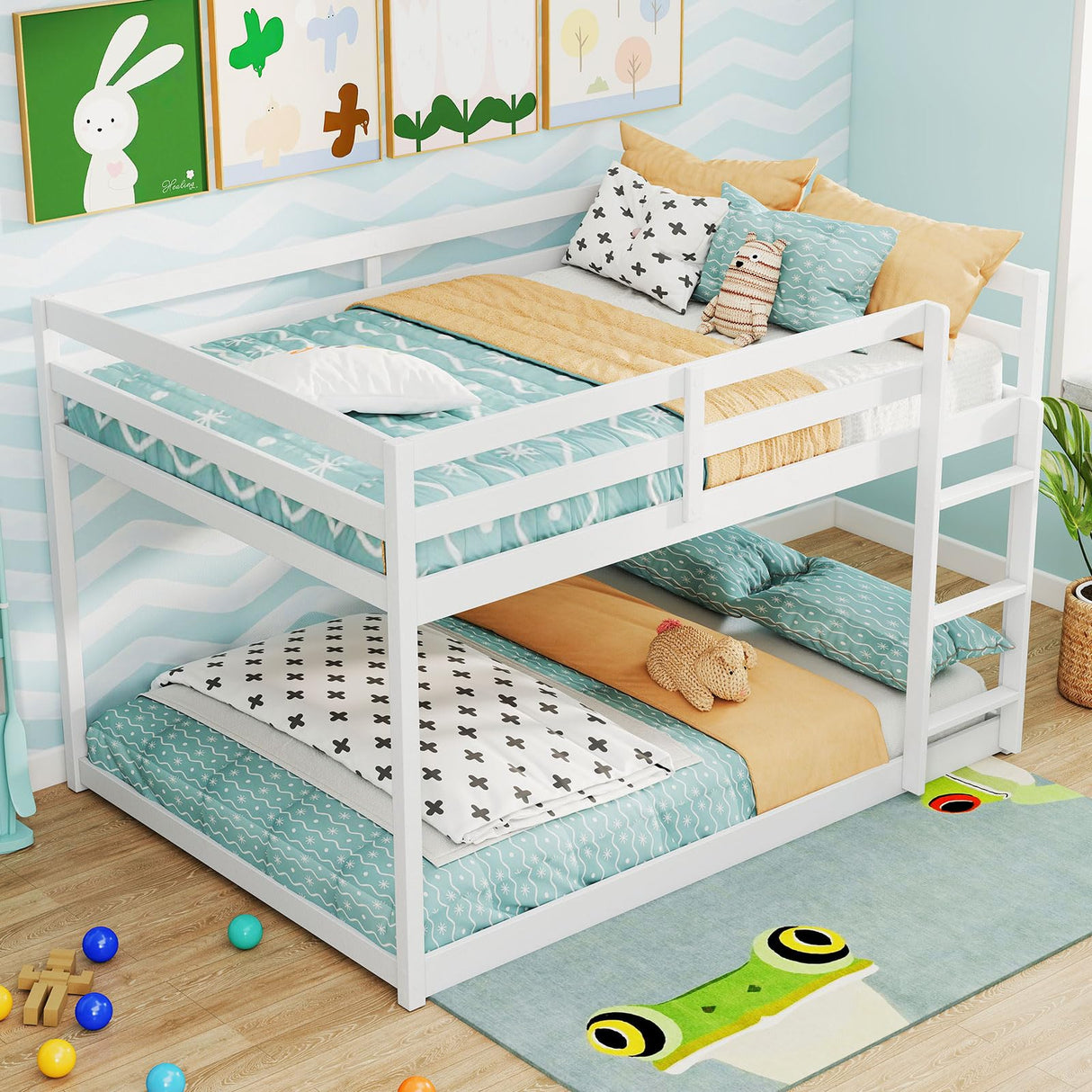 Giantex Full Over Full Bunk Bed, Solid Wood Kids Bunk Bed with Full-Length Guardrails, Integrated Ladder & Anti-Tippling Kits, Low Bunk Beds with Slats Support for Kids, Teens, White Giantex