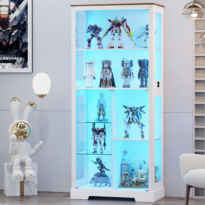Display Cabinet with Glass Doors,71'' Bookcases with Adjustable Glass Shelf, 4-Tier Curio Cabinet with 3 Color Lights for Collectibles, Bookshelf with Human Body for Books,Toys,Liquor,White