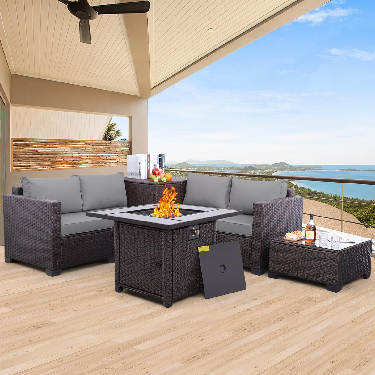 WAROOM 5 Pieces Patio Furniture Set PE Wicker Outdoor Brown Rattan Sectional Sofa Loveseat Couch Conversation Chair with Storage Bin Coffee Table and Propane Fire Pit, Anti-Slip Grey Cushion WAROOM