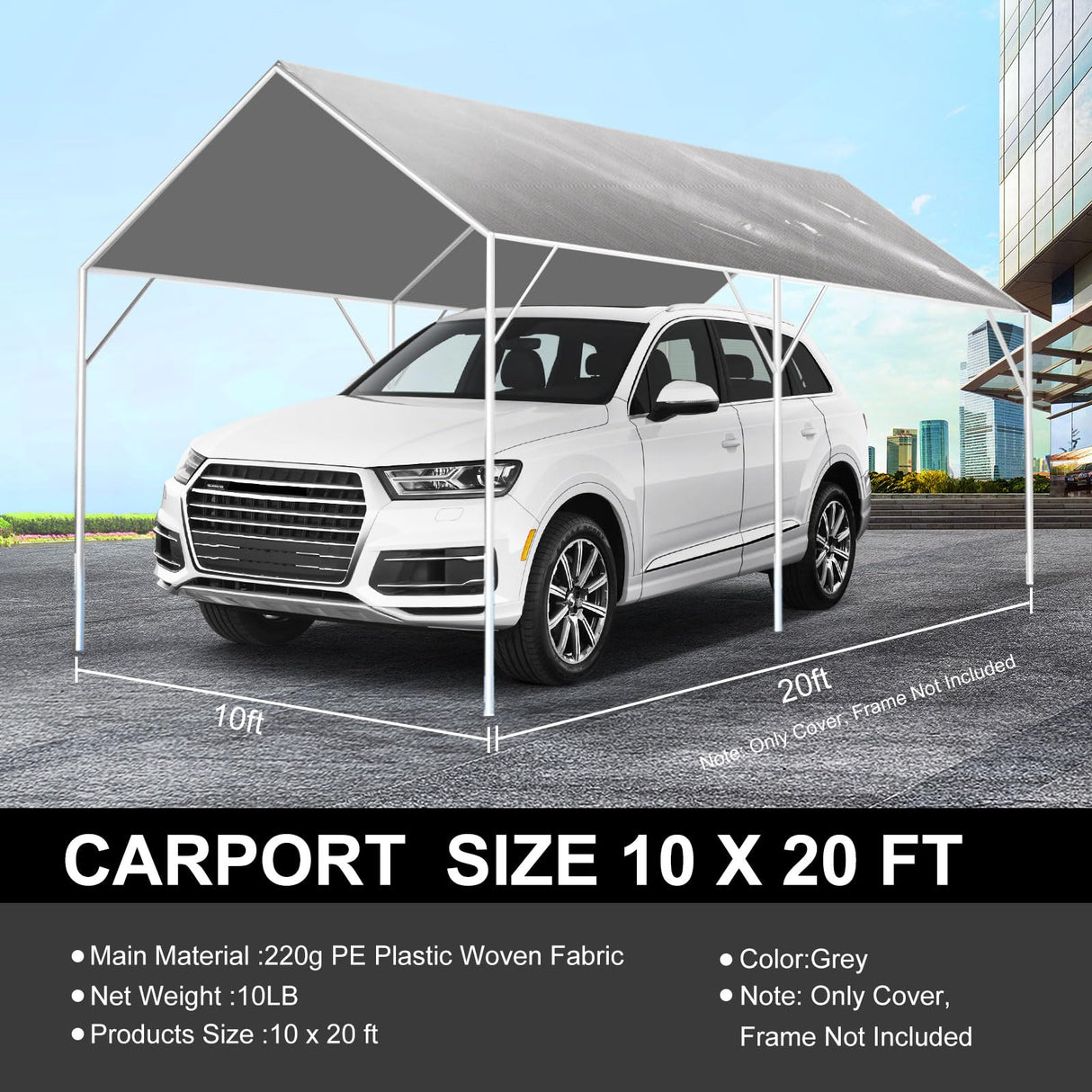 10' x 20' Canopy Replacement Cover for Carport, 220G Heavy Duty Replacement Top Cover for Car Garage, Waterproof & UV Protected Tarp with 48 Ball Bungees (Only Cover, Frame Not Included), Grey Buzleer