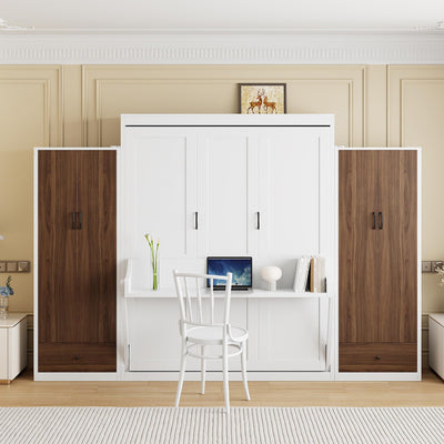 Harper & Bright Designs Full Size Murphy Bed, Wooden Full Wall Bed with Closet, Drawers and Desk, White