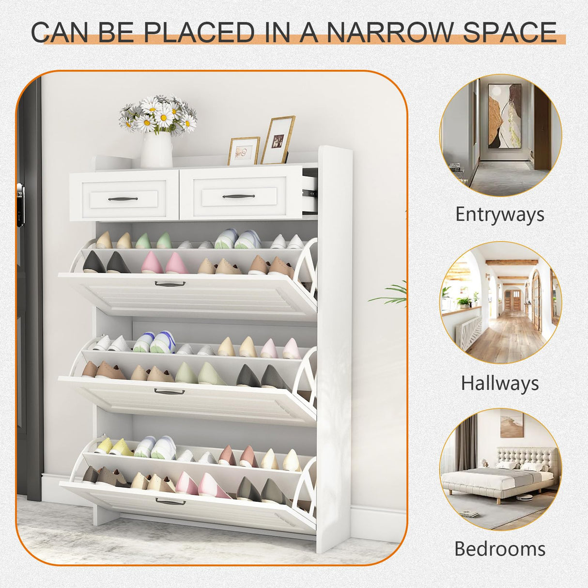 HANLIVES Shoe Cabinet for Entryway, White Narrow Shoe Storage Organizer with 3 Doors 2 Drawers,Flip Down Shoe Rack Wood 4 Tier Shoe Storage Cabinet for Hallway, Living Room,Home and Apartment HANLIVES