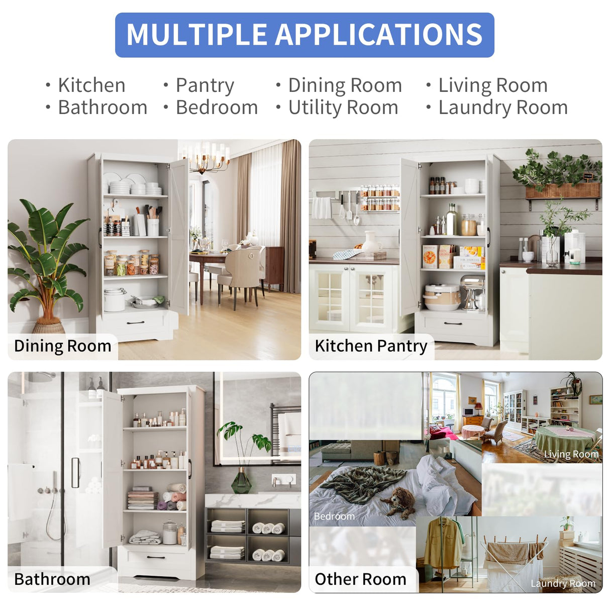 CARPETNAL 72" Tall Farmhouse Kitchen Pantry with Adjustable Shelves, Large Wood Storage Cabinet with Drawer & 2 Barn Doors, Freestanding Storage for Dining Room, Bathroom, Living Room, White, Set of 2 CARPETNAL