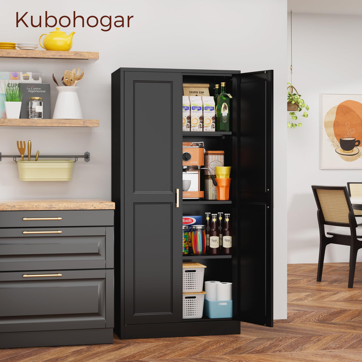 Kubohogar 60" Tall Metal Pantry Cabinet, Black Kitchen Pantry Storage Cabinet with Doors and 3 Adjustable Shelves, Cupboard for Kitchen, Dining Room, Living Room, Bathroom Kubohogar