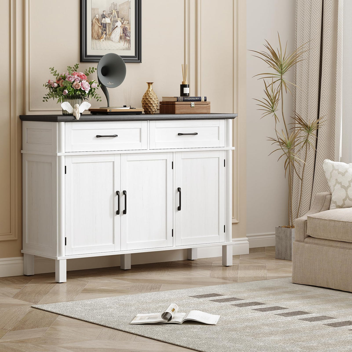 48 Inches Buffet Cabinet with Storage, Farmhouse Sideboard Buffet w/2 Drawers and 3 Doors, Wood Coffee Bar Cabinet with Adjustable Shelves, Sideboard Storage for Kitchen, Living Room, Off White&Black ONBRILL