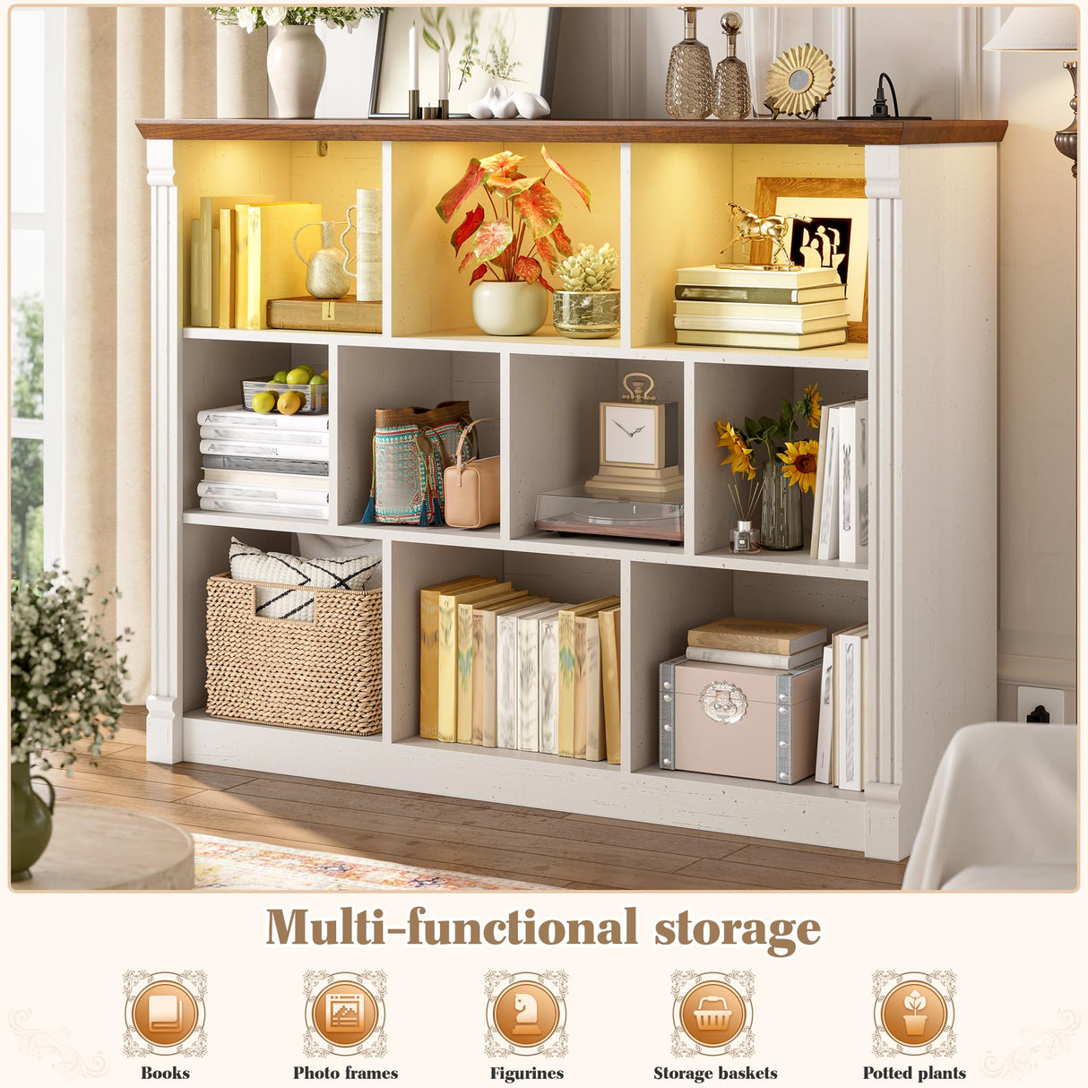 EnHomee 10 Cube Storage Organizer with LED Light and Charging Station Wood Cube Shelf White Bookshelf for Bedroom Living Room,Office,White EnHomee