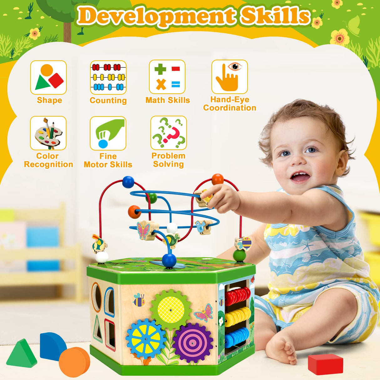 Wooden Activity Cube for 1 Year old, 12-18 Month Boys & Girls, 7-in-1 STEM Montessori Early Developmental Learning Toys for Kids Aged 1-2, Ideal 1st Birthday Gift Toys for Baby, Toddlers (Green) Duchong