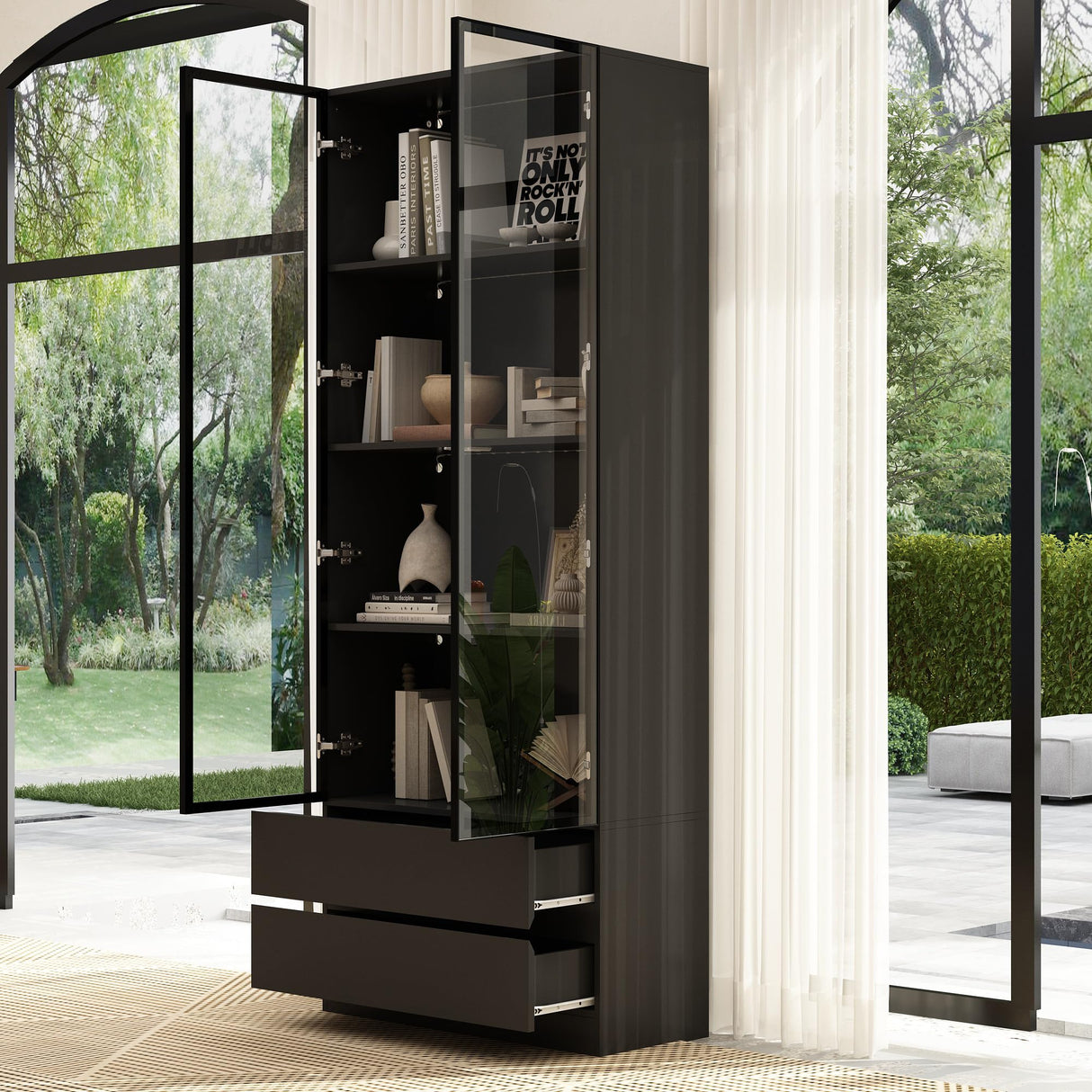 Hitow Modern Tall Glass Door Cabinet with LED Lights, 4 Shelves, 2 Drawers, Black Storage Organizer Hitow