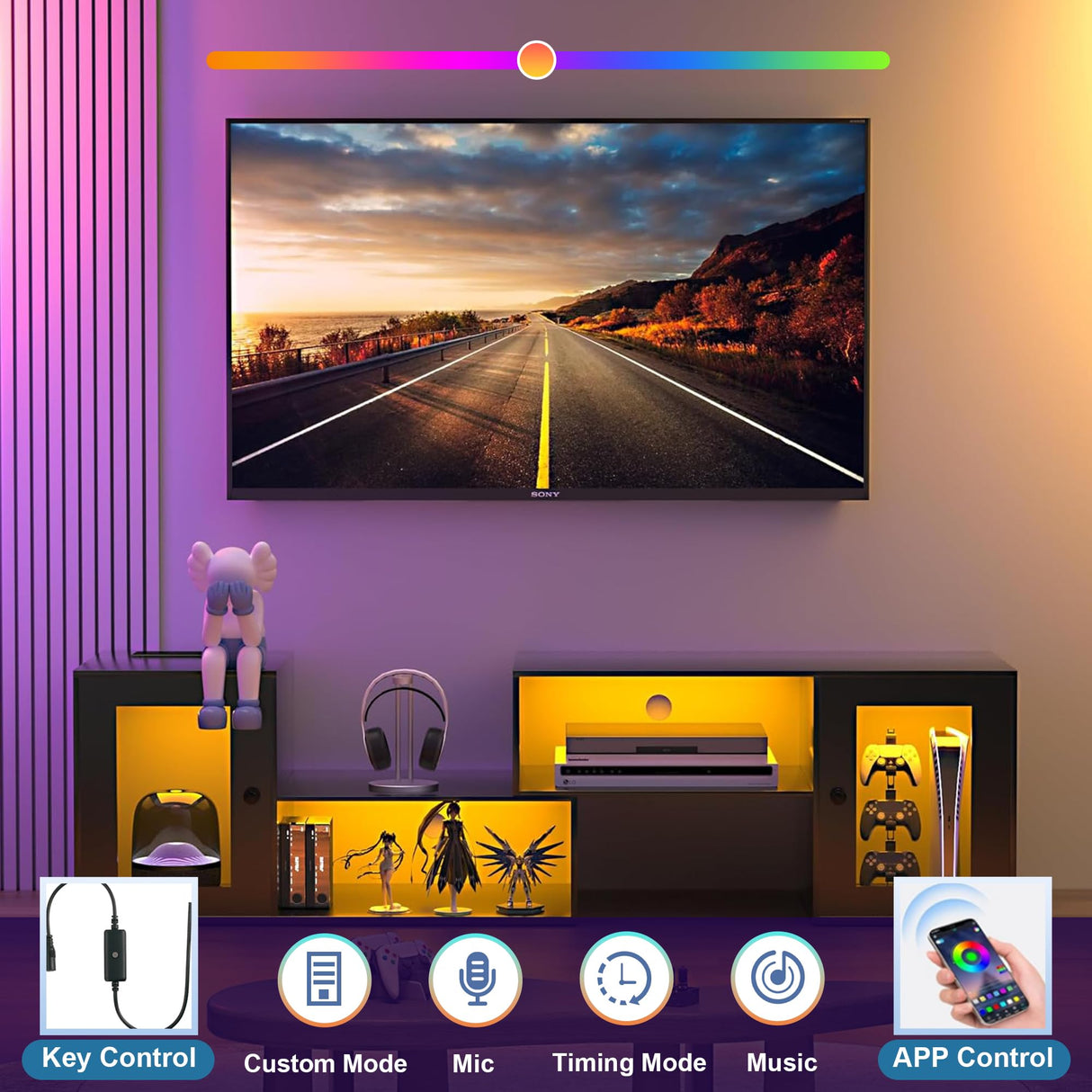 VECELO Deformable LED TV Stand with Power Outlets for 55/60/65/70 Inch Televisions, Gaming Entertainment Center with Cabinet for Living Room Bedroom, 4 AC Outlets & 2 USB-A Ports, Black VECELO