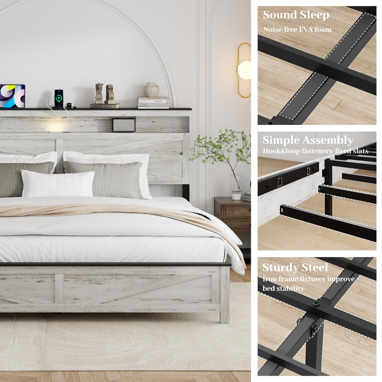 PAUKIN King Size Bed Frame with Headboard, Rustic Farmhouse Wood Bed Frame with LED Lights and Charging Station, Easy Assembly, No Box Spring Needed (White, King) PAUKIN