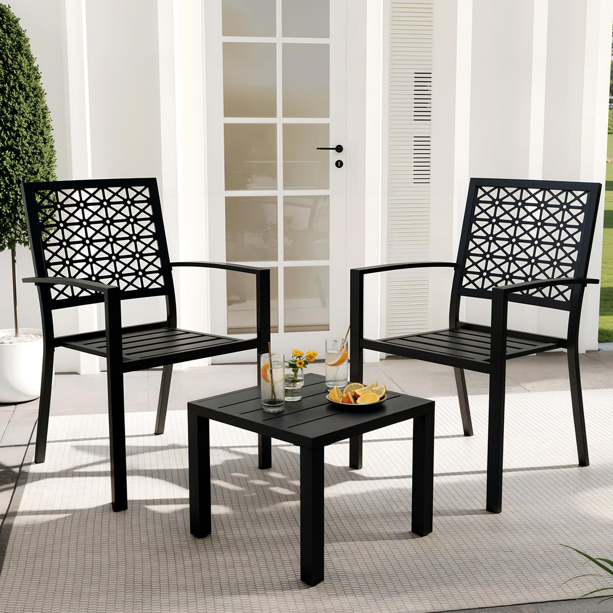 Trendyhom 3 Piece Patio Bistro Set, Carved Back Design Outdoor Bistro Table and Chairs Set of 2, Stackable Outdoor Patio Furniture Set for Patio, Balcony, Porch Indoor Outdoor, Black Trendyhom