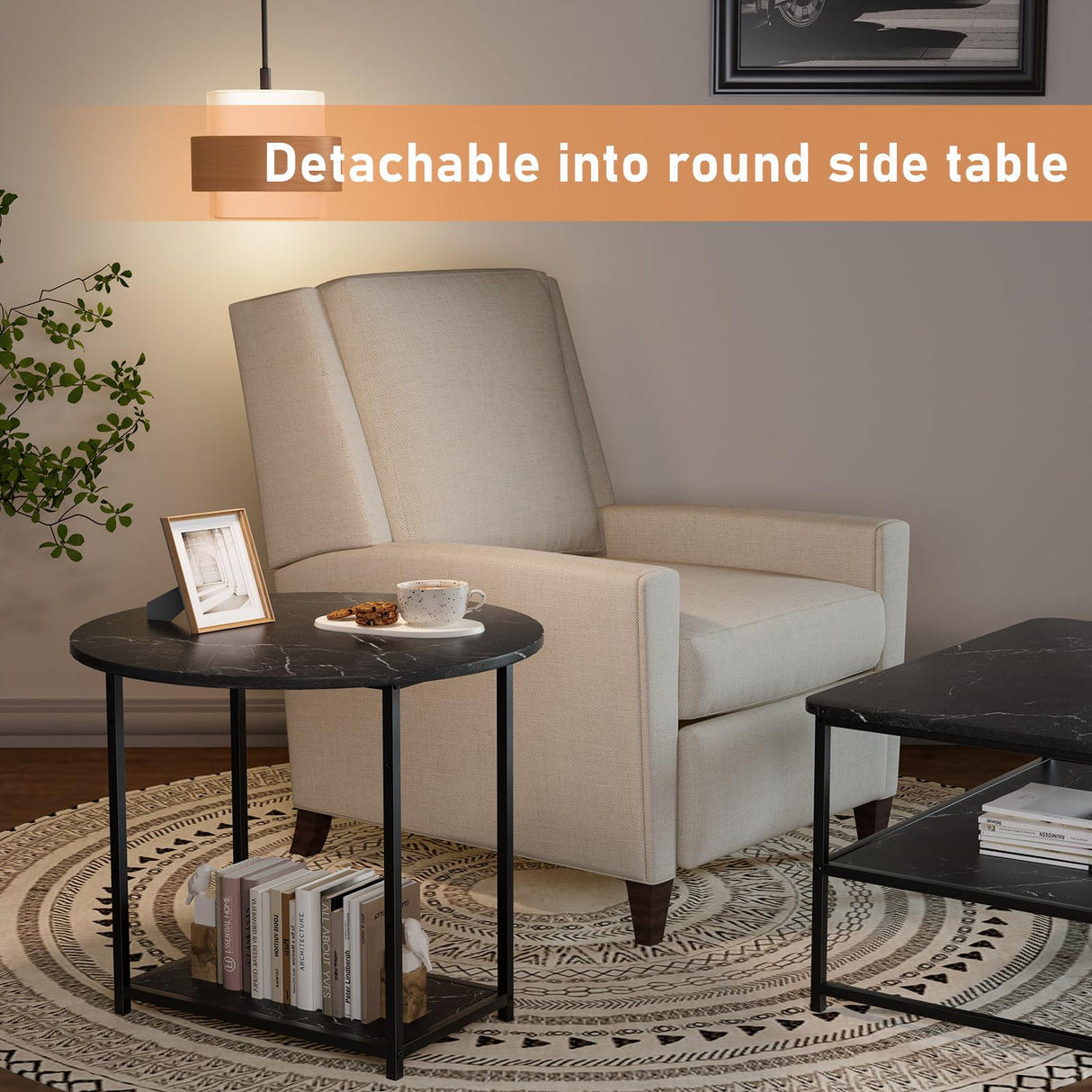 WOHOMO Coffee Table, Black Modern Coffee Tables for Living Room 2 in 1Detachable Small Center Table Set with Storage, Black Marble WOHOMO