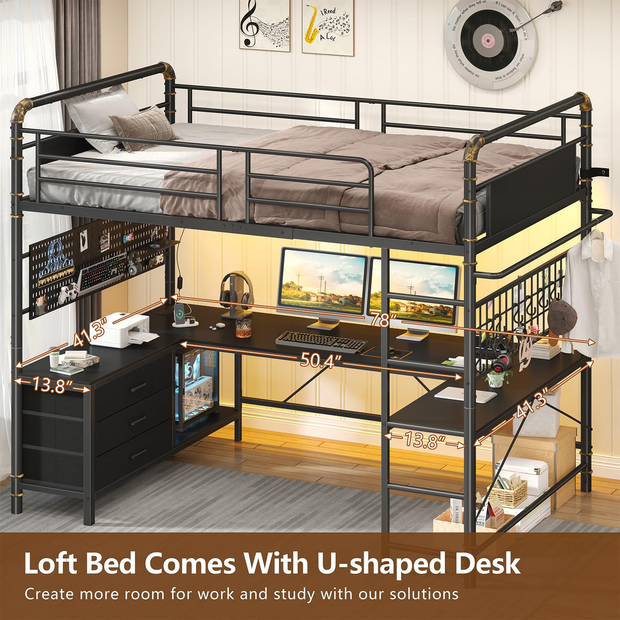 Twin Size Loft Bed with U-Shaped Desk & RGB LED Lights, Twin Loft Metal Bed Frame with Charging Station Bunk loft bed with 3 Drawers, Safety Guard & Ladder, 3 Pegboards, No Box Spring Needed, BlacK CSZZD