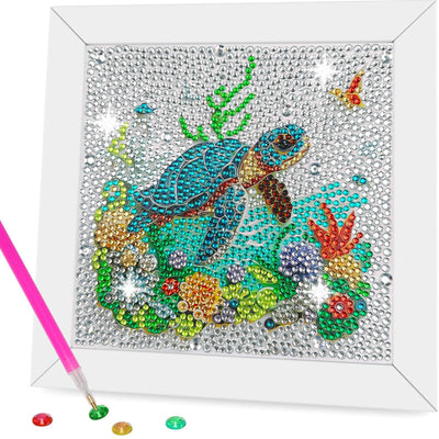 5D Sea Turtle Diamond Painting Kits for Kids Beginners with Wooden Frame,Full Round Drill Cute Turtle Diamond Art Kits for Children Girls Boys Ages 8-12,DIY Kid Big Gem Art,Home Wall Decor 6x6 Inch