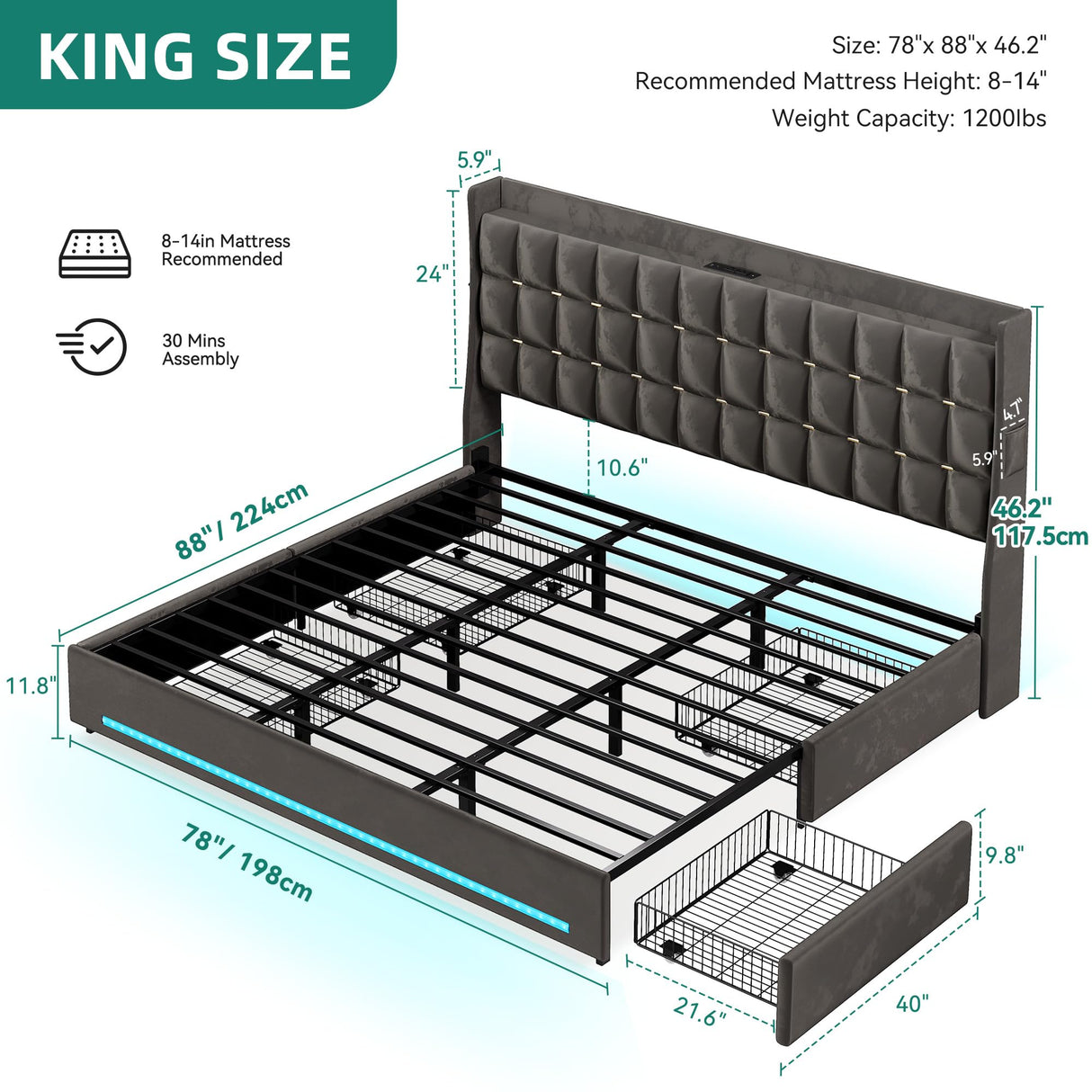 YITAHOME King Size Bed Frame with 4 Drawers and RGB LED Lights, Velvet Upholstered Platform Bed with Charging Station and Storage Headboard, No Box Spring Needed, Easy Assembly, Noise-Free, Grey YITAHOME