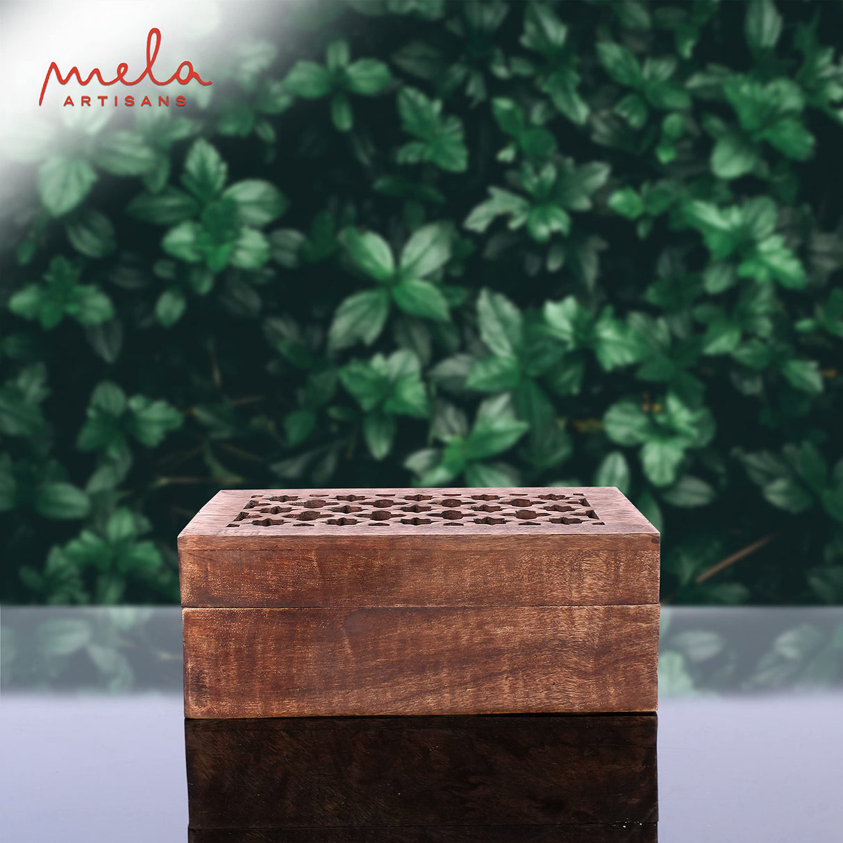 Mela Artisans Medium Keepsake Box with Hinged Trellis Lid - Medium Polish | Wooden Decorative Box | Keepsake Memory Box | Mango Wood Storage Box | Store Trinkets, Cards & Stash | 7.5” x 4.5” x 3” Mela Artisans