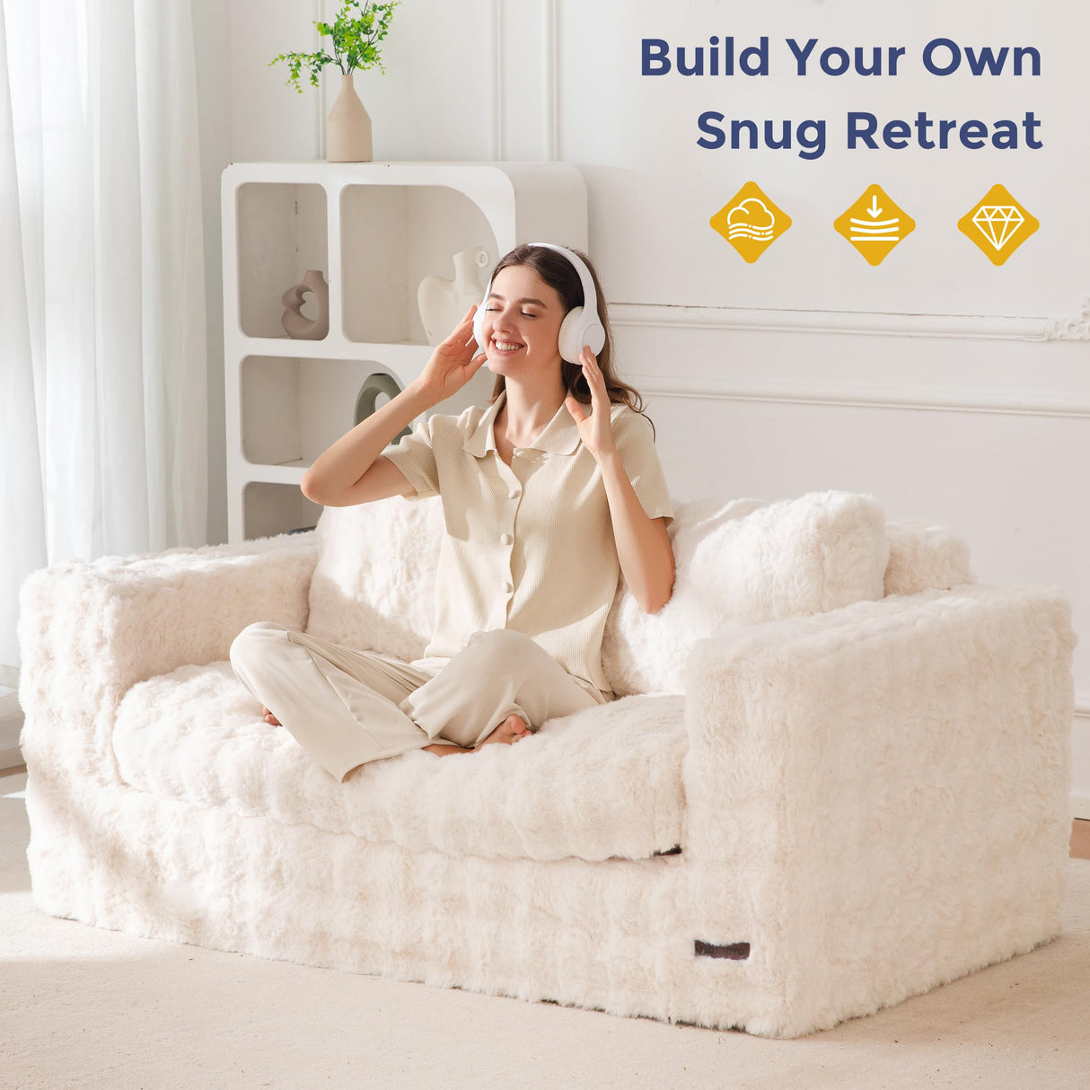 MAXYOYO Loveseat Sofa for Living Room, Small Sofa Couch Tufted Boneless Couch, Comfy Bean Bag Chair for Small Space Bedroom Apartment, No Assembly Needed, Beige MAXYOYO