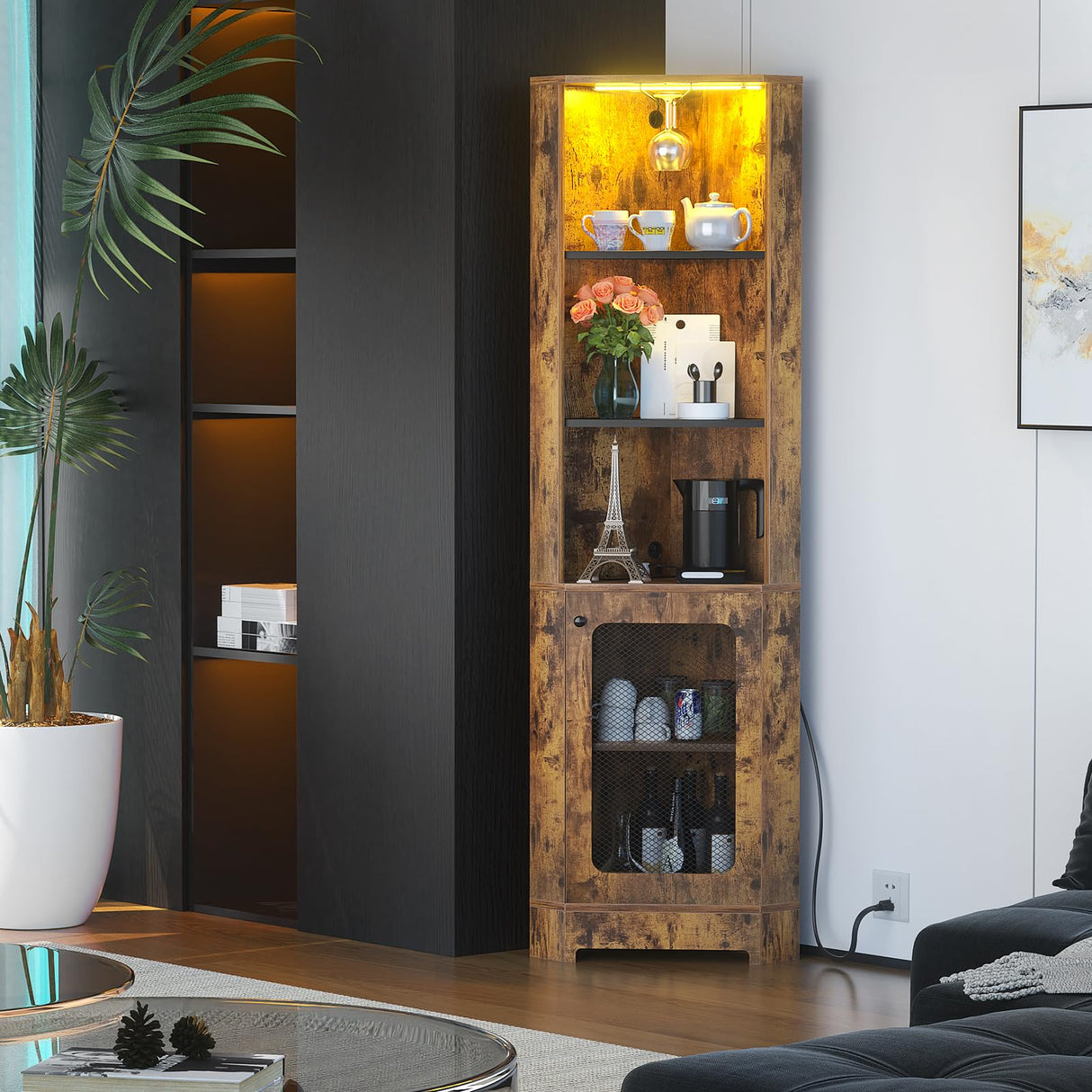 Hyomdeck 67-Inch Tall LED Corner Shelf with Charging Station - 5-Tier Rustic Brown Bookcase for Living Room, Kitchen, or Home Office Hyomdeck