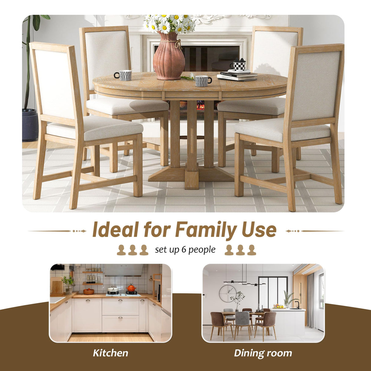 Quarte 5-Piece Farmhouse Round Dining Table Set with Extendable Round Table and 4 Upholstered Chairs, Compact Table Set for Small Kitchen Room (Natural Wood Wash/Adjustable) Quarte