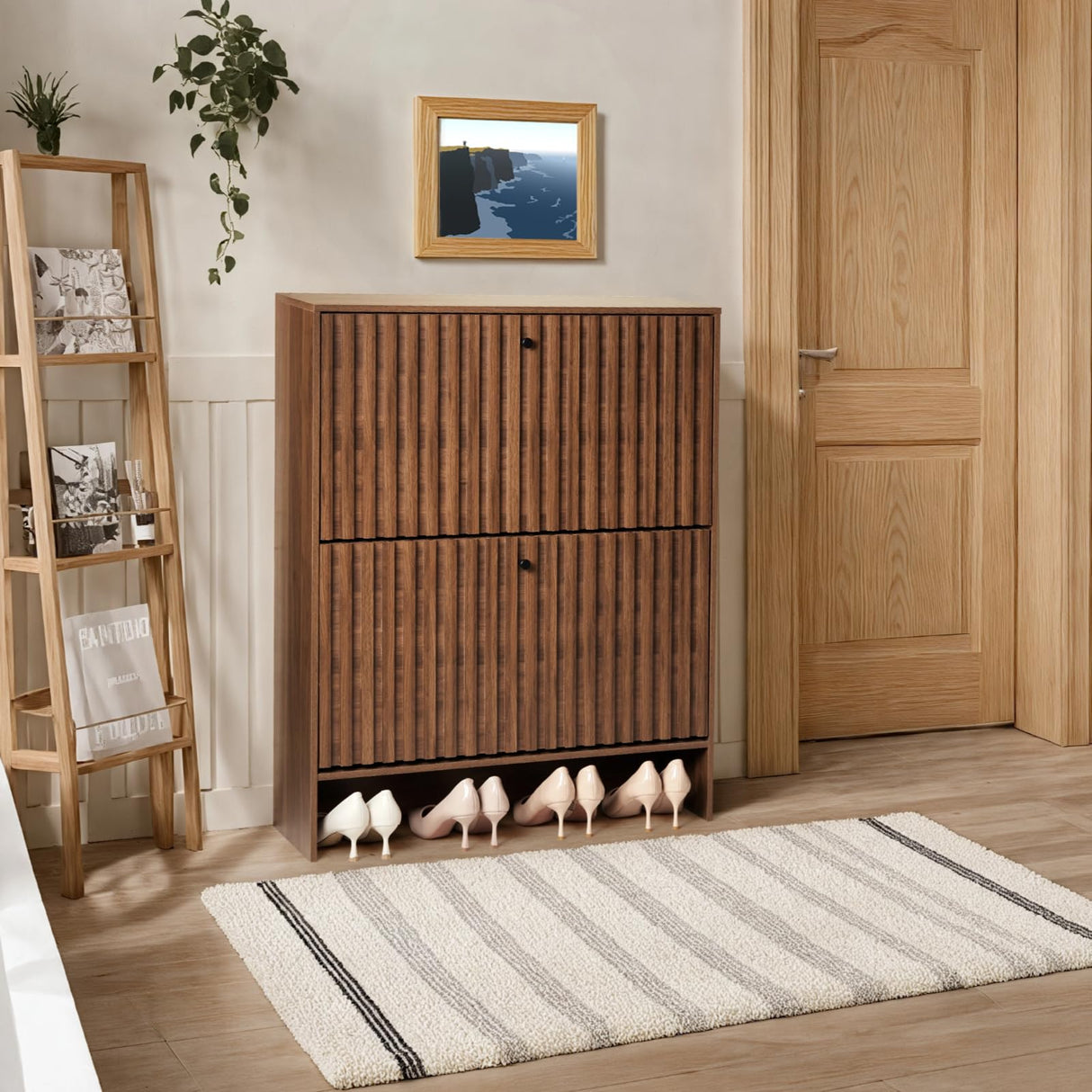 BVXBVX 31.5''W Walnut Shoe Storage Cabinet for Entryway with 2 Flip Drawers, Fluted Slim Shoe Cabinet, Free Standing Wooden Shoes Organizer for Foyer, Hallway BVXBVX