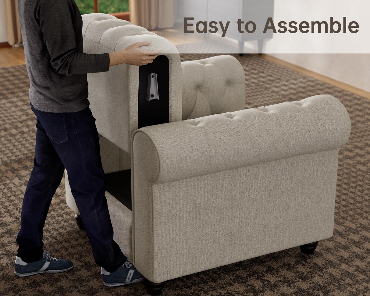 Morden Fort Sofa Set, Chenille Beige, 82''W x 34.5''D x 30''H, Chesterfield Style, Tool-Free Assemble, Pet-Friendly, 1430LBS Weight Capacity Morden Fort