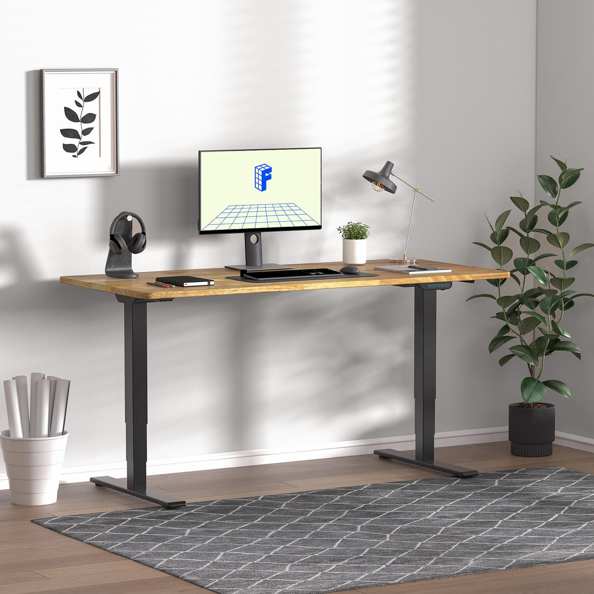 FLEXISPOT E6 Max Solid Wood Dual Motor 3 Stages Standing Desk 63x24 Inch Whole-Piece Rubber Wood Electric Height Adjustable Stand Up Desk Large Load Capacity (Black Frame + Solid Wood Desktop) FLEXISPOT