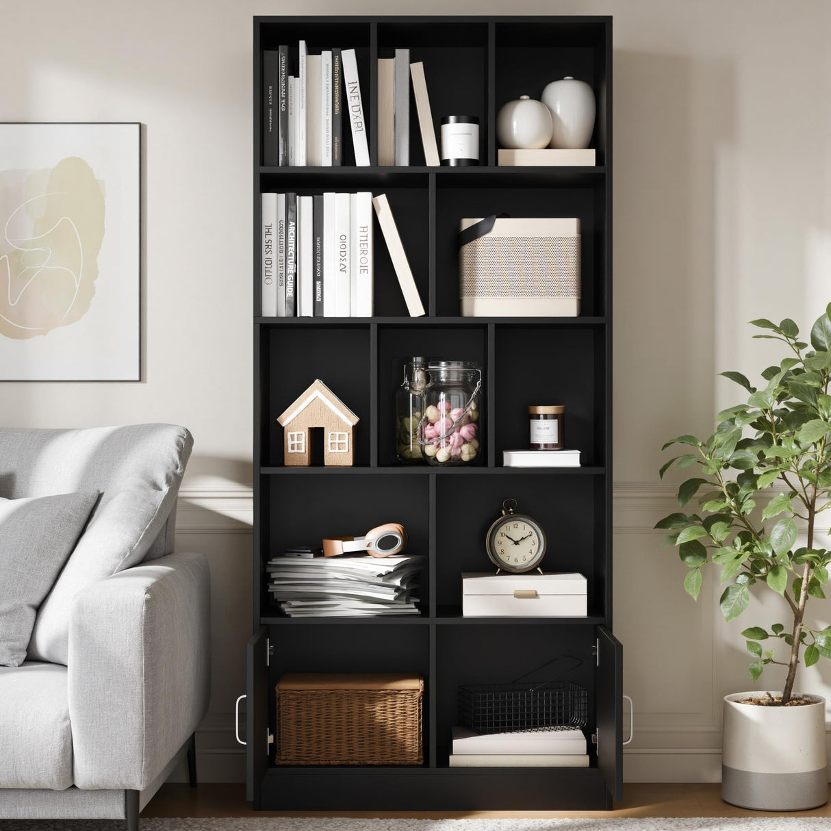 Cozy Castle 70" Tall Black Bookshelf with 12 Cubes and 2 Doors, 4-Tier Open Shelf Bookcase with Cabinet, Modern Cube Storage Organizer for Living Room, and Office Cozy Castle