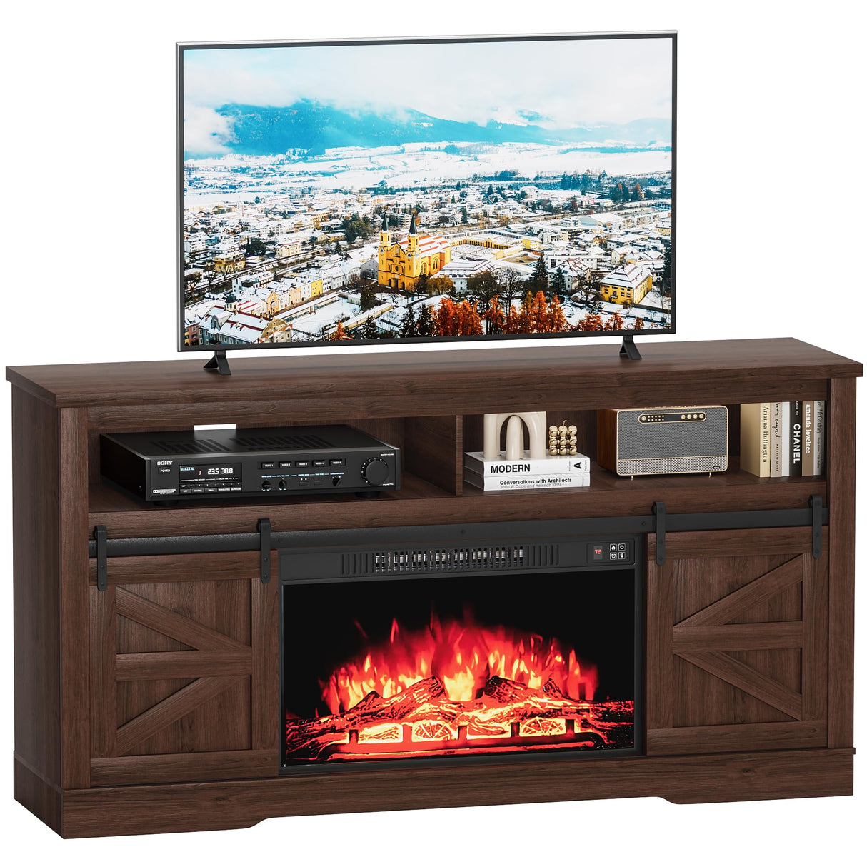 Furniwell Electric Fireplace TV Stand for TVs up to 65", Media Entertainment Center with 26” Fireplace, Farmhouse Console with Sliding Barn Door and Adjustable Storage Shelves for Living Room (Brown) Furniwell