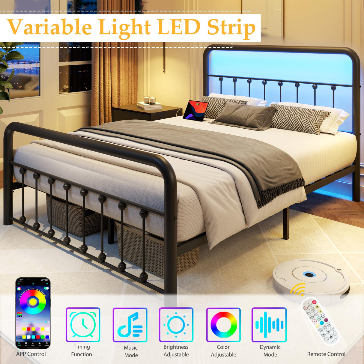 Fluest Queen Bed Frame Classic Metal Platform Bed Frame with Charging Station & LED, Victorian Style Iron-Art Headboard/Footboard, Under Bed Storage, No Box Spring Needed, Noise Free, Black Fluest